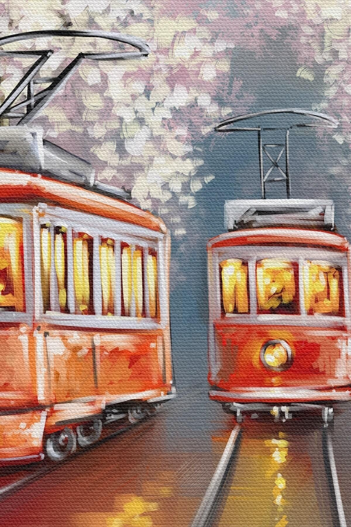 Kırmızı Tranvaylar Yağlıboya Görünüm Dekoratif Kanvas Duvar Tablosu