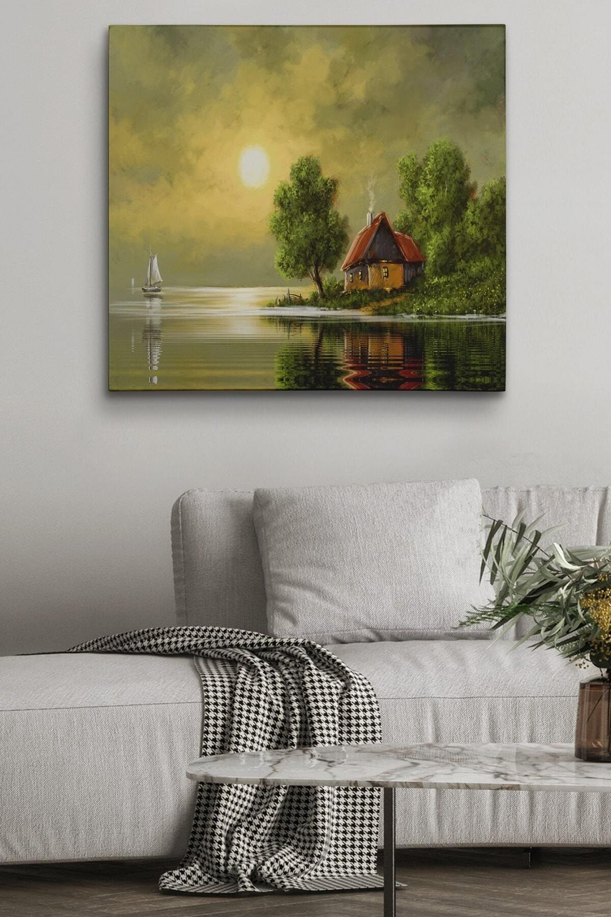 Göl Kenarındaki Köy Evi Yağlıboya Görünüm Dekoratif Kanvas Duvar Tablosu