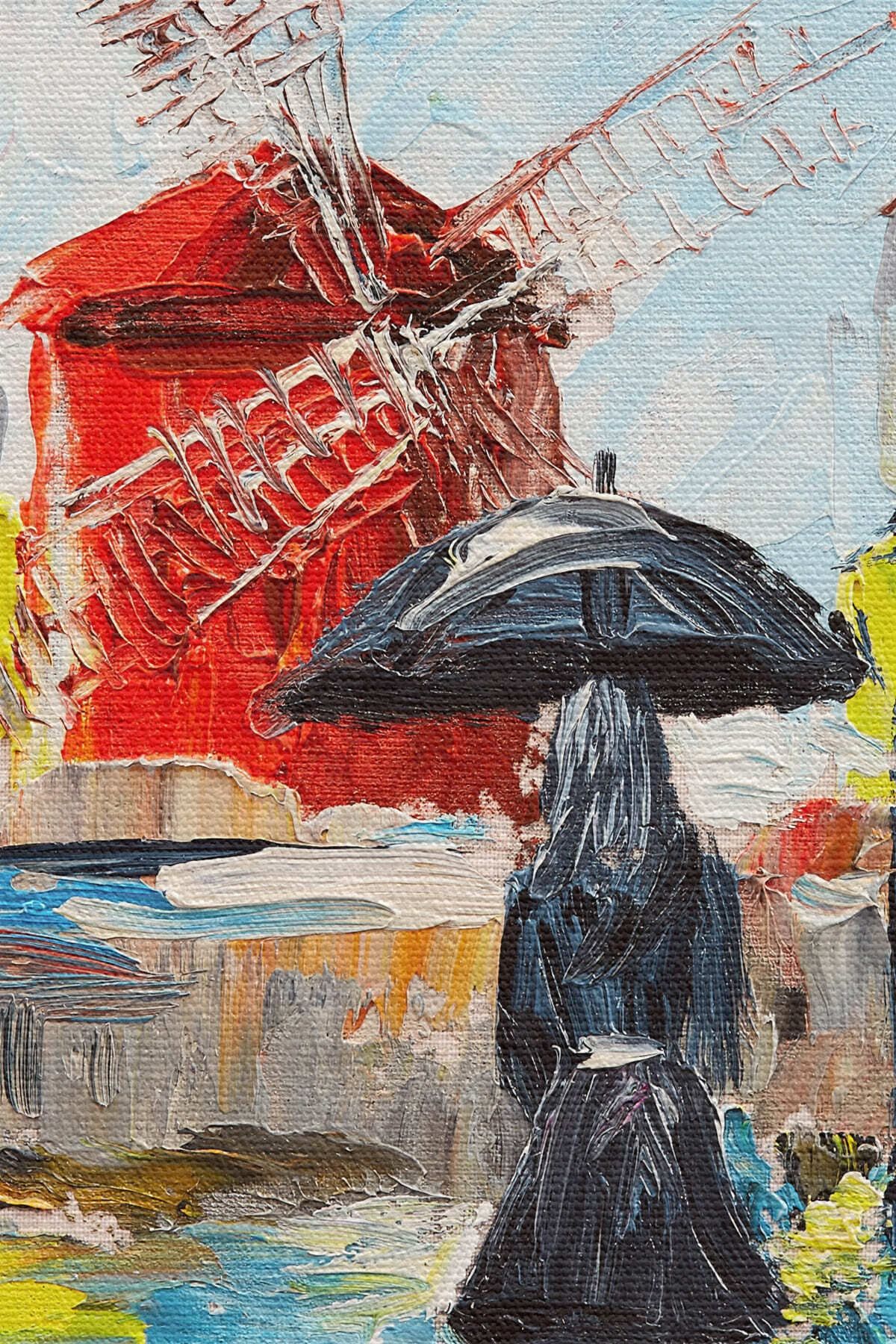 Paris De Yağmur Da Yürüyen Kadın Yağlıboya Görünüm Dekoratif Kanvas Duvar Tablosu