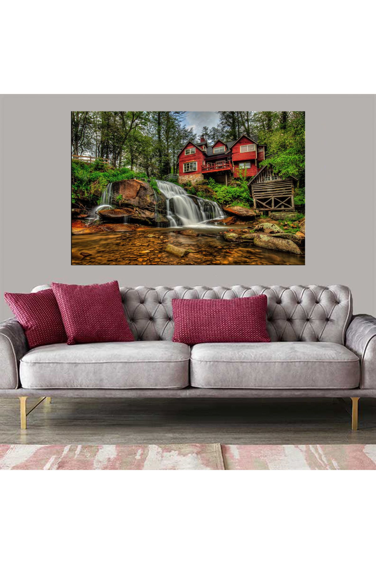 Dekoratif Baskı Kırmızı Ağaç Ev ve Şalale Kanvas Tablo