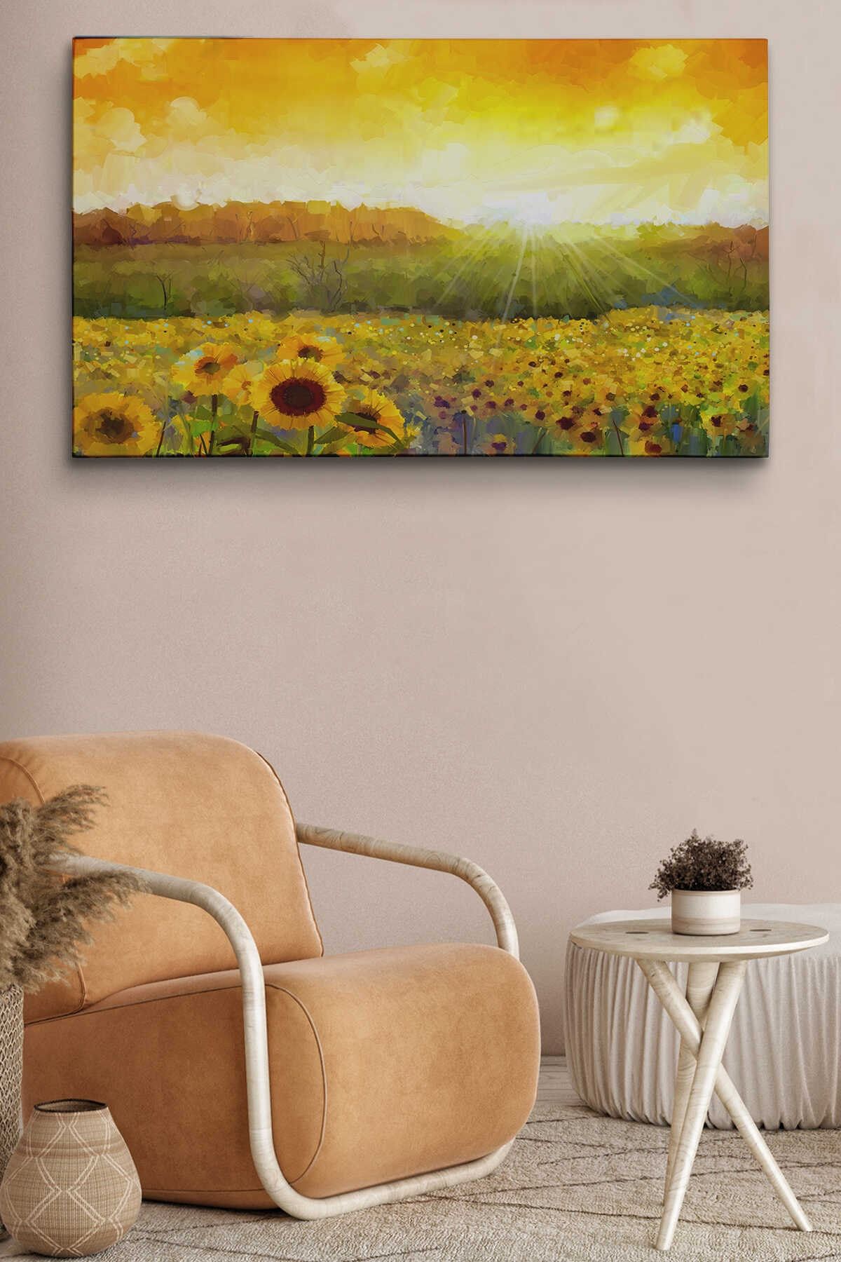 Ayçiçeği Tarlası Yağlıboya Görünüm Dekoratif Kanvas Tablo