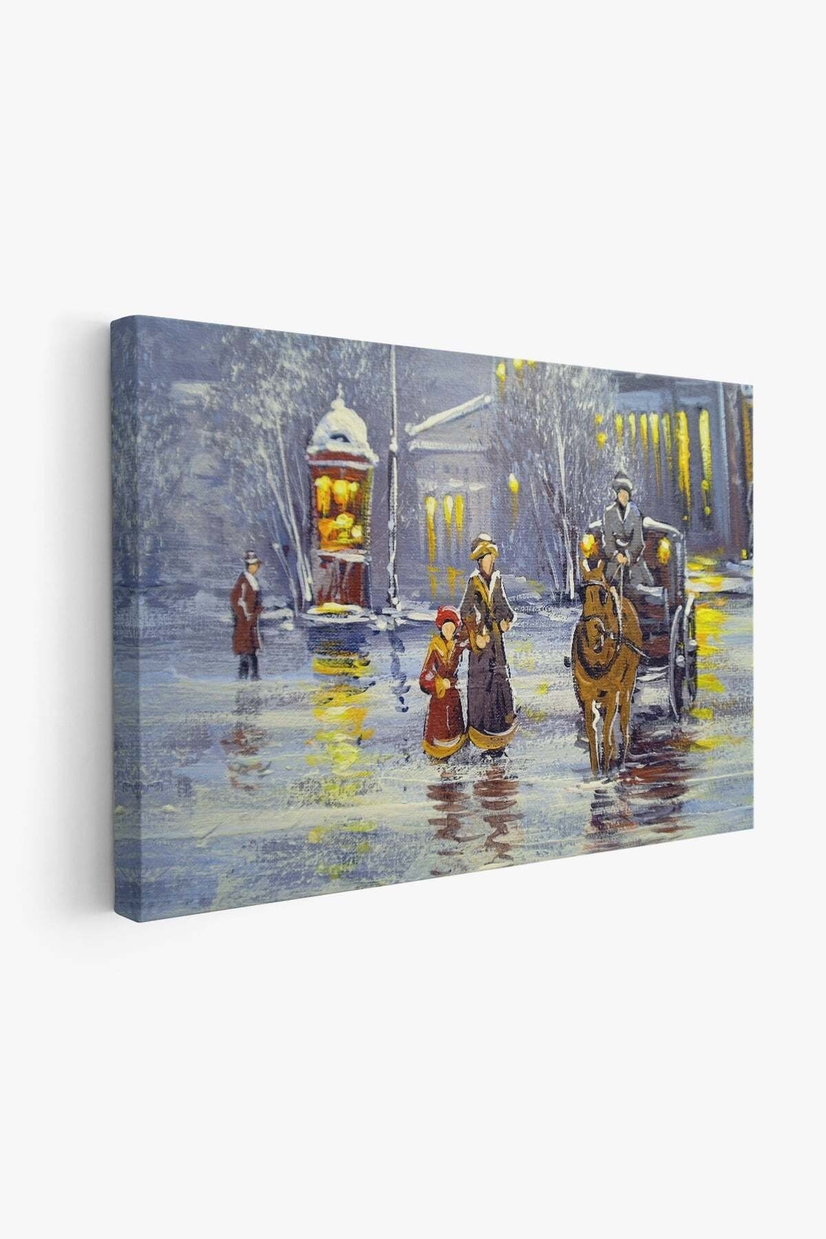 Eski Şehir Ve At Arabası Yağlıboya Görünüm Dekoratif Kanvas Duvar Tablosu