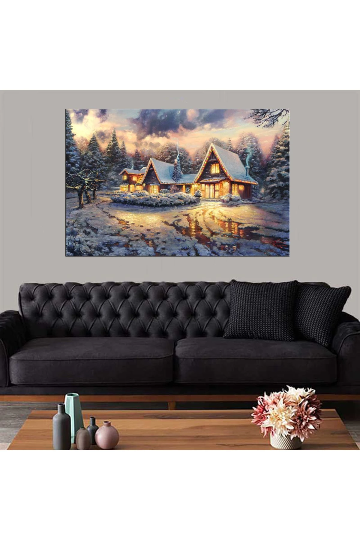 Dekoratif Baskı Karlı Evler Kanvas Tablo