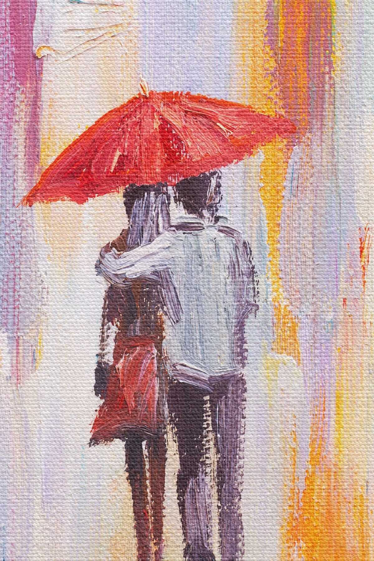 Kırmızı Şemsiyeli Sevgililer Yağlıboya Görünüm Kanvas Duvar Tablosu