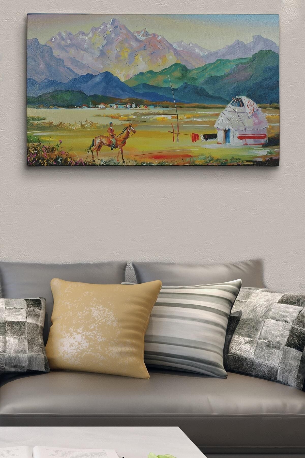 Kazakistan Da Bir Göçebe Çadırı Yağlıboya Görünüm Dekoratif Kanvas Duvar Tablosu