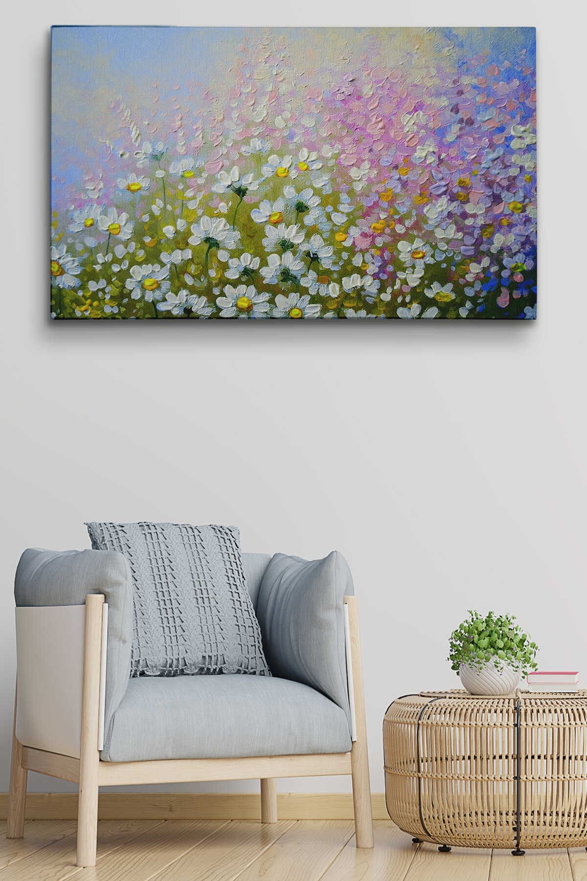 Kır Çiçekleri Yağlıboya Görünüm Dekoratif Kanvas Duvar Tablosu