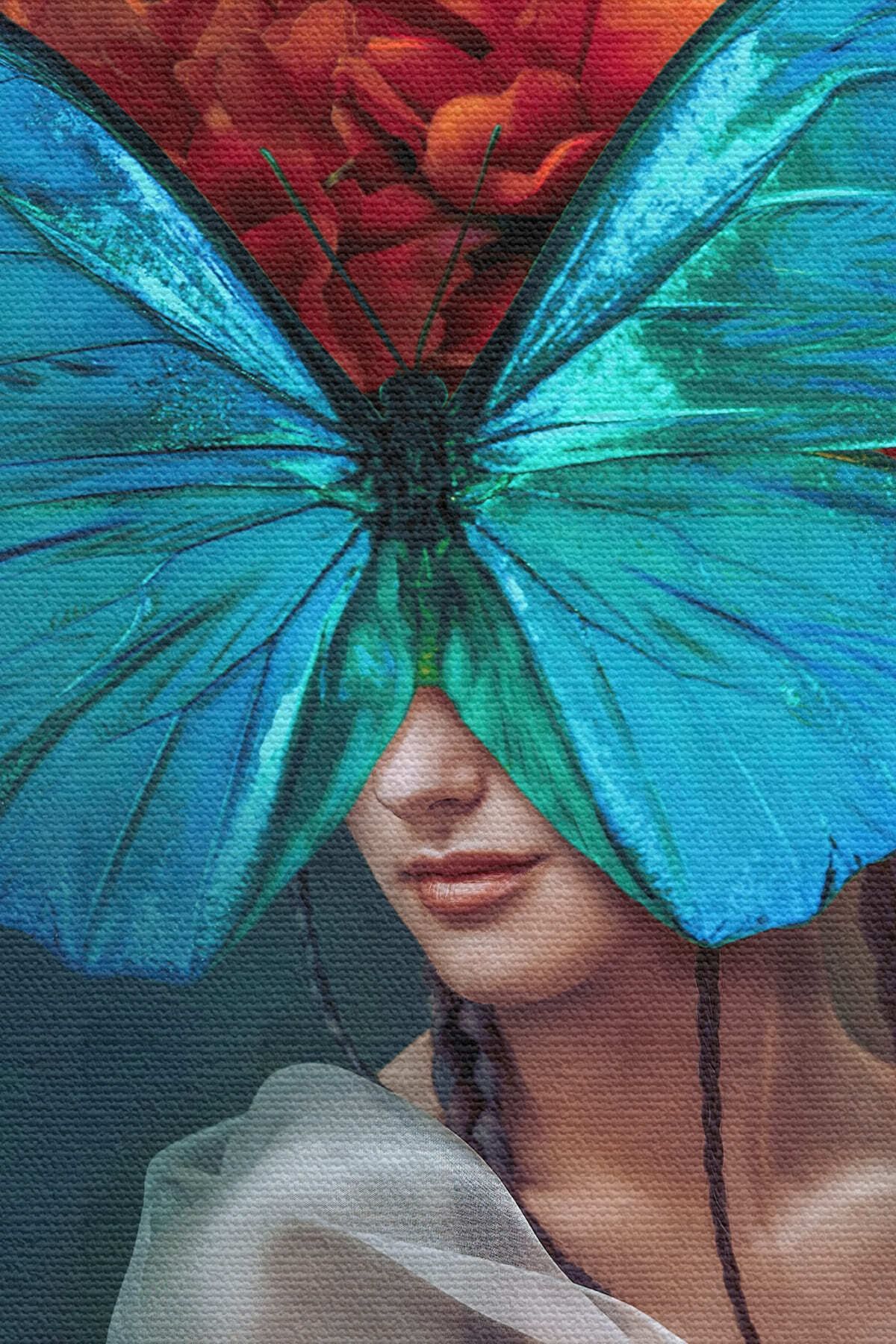 Mavi Kelebekli Kadın Yağlıboya Görünüm Dekoratif Kanvas Duvar Tablosu