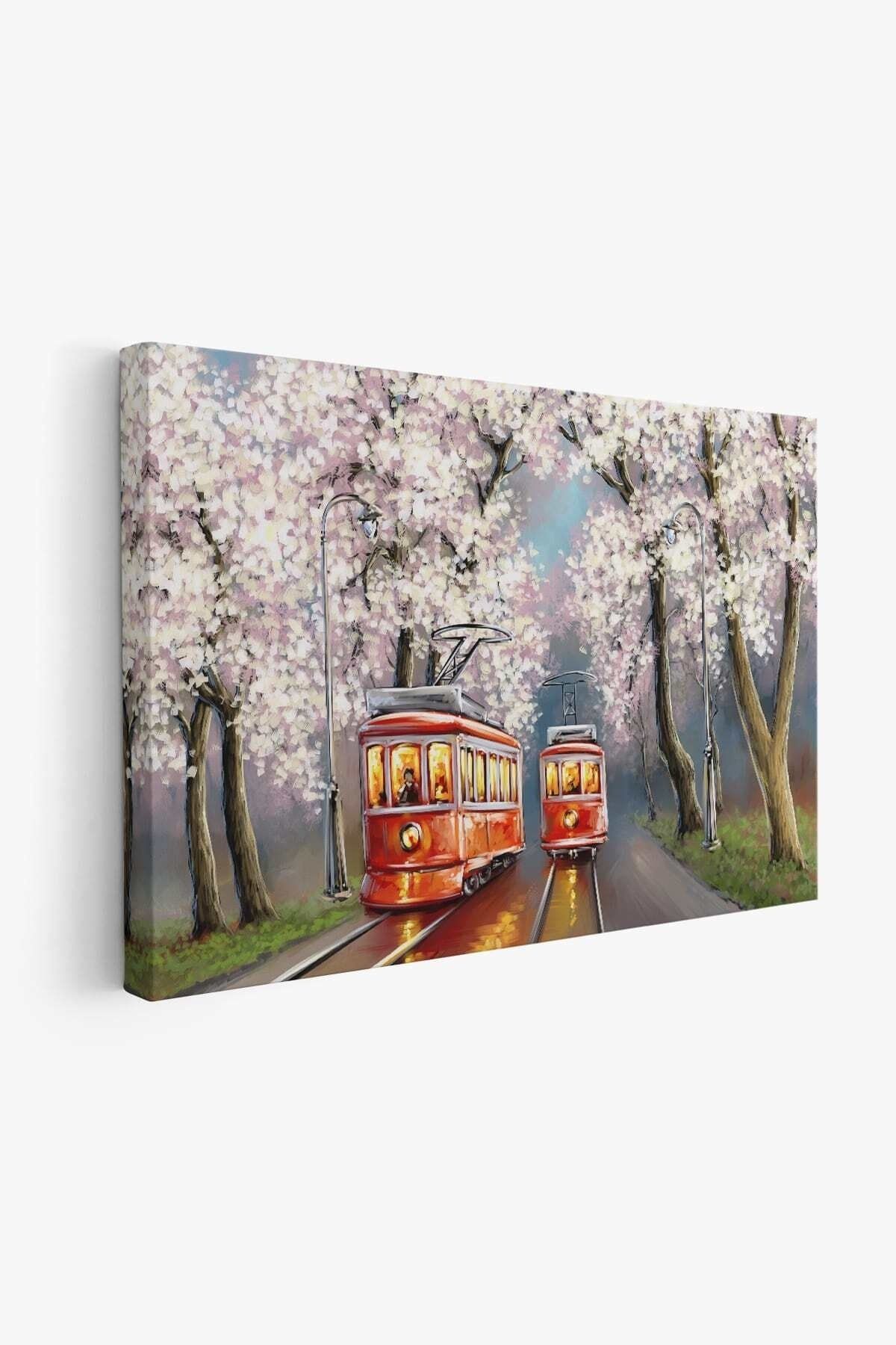Kırmızı Tranvaylar Yağlıboya Görünüm Dekoratif Kanvas Duvar Tablosu