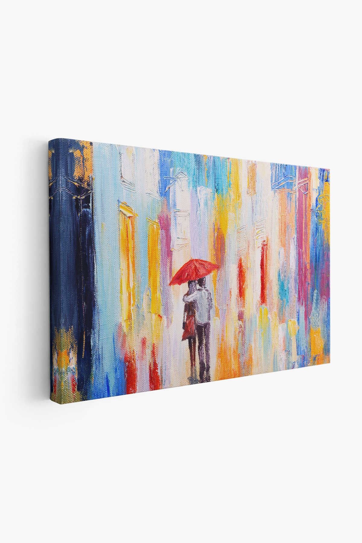 Kırmızı Şemsiyeli Sevgililer Yağlıboya Görünüm Kanvas Duvar Tablosu