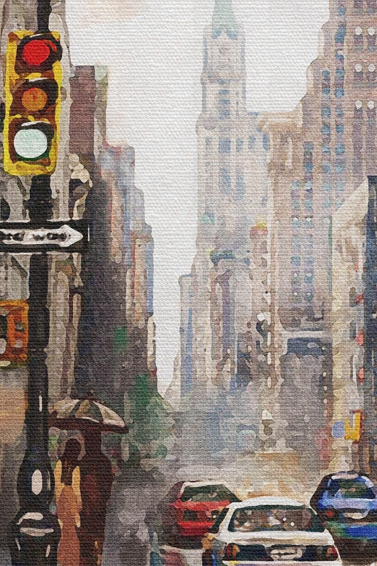 New York Sokakları Ve Sarı Taksi Yağlıboya Görünüm Kanvas Tablo