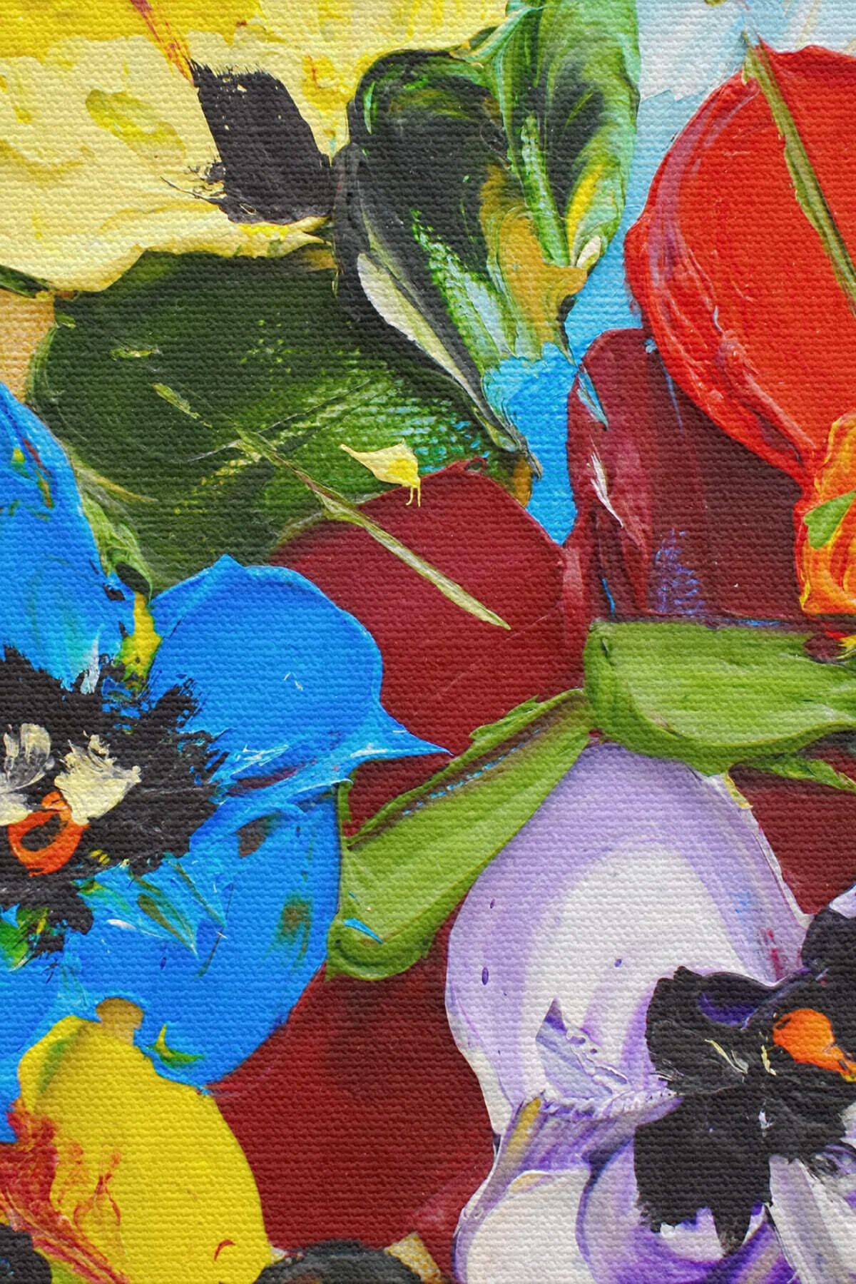 Renkli Çiçekler Yağlıboya Görünüm Dekoratif Kanvas Duvar Tablosu