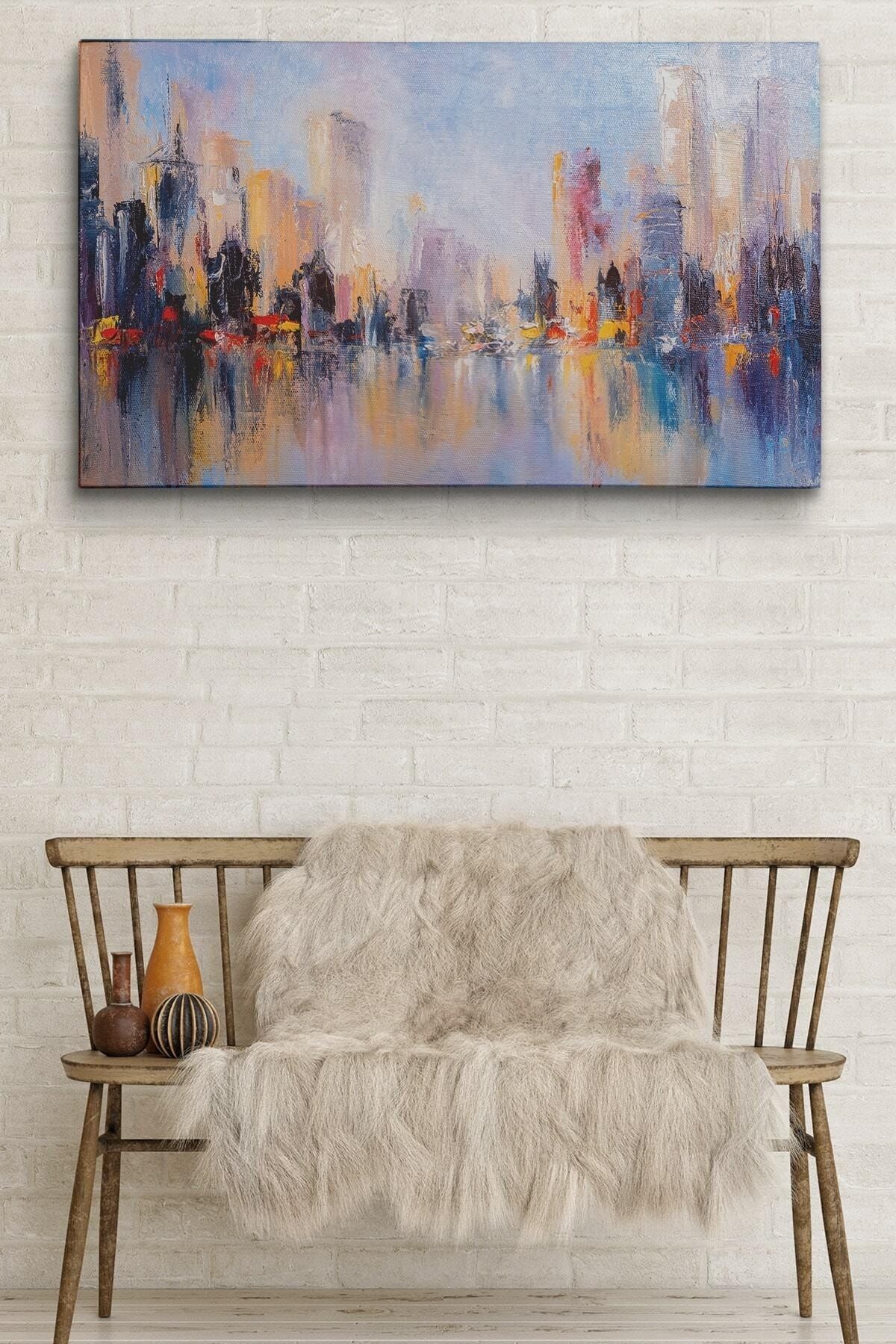 Su Yansimaları Ve Şehir Yağlıboya Görünüm Dekoratif Kanvas Duvar Tablosu