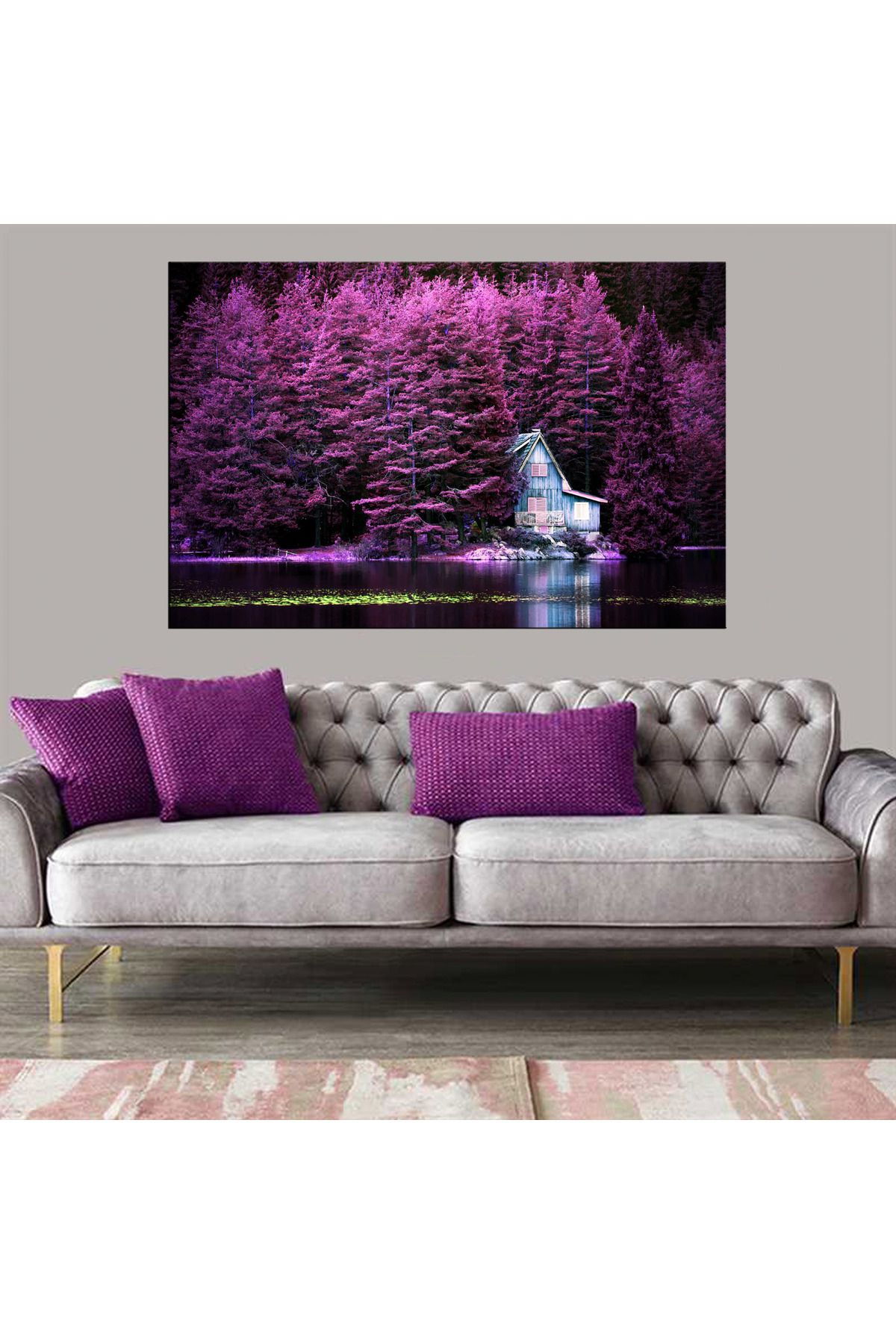 Dekoratif Baskı Pembe Ağaçlar İçinde Mavi Ev Kanvas Tablo