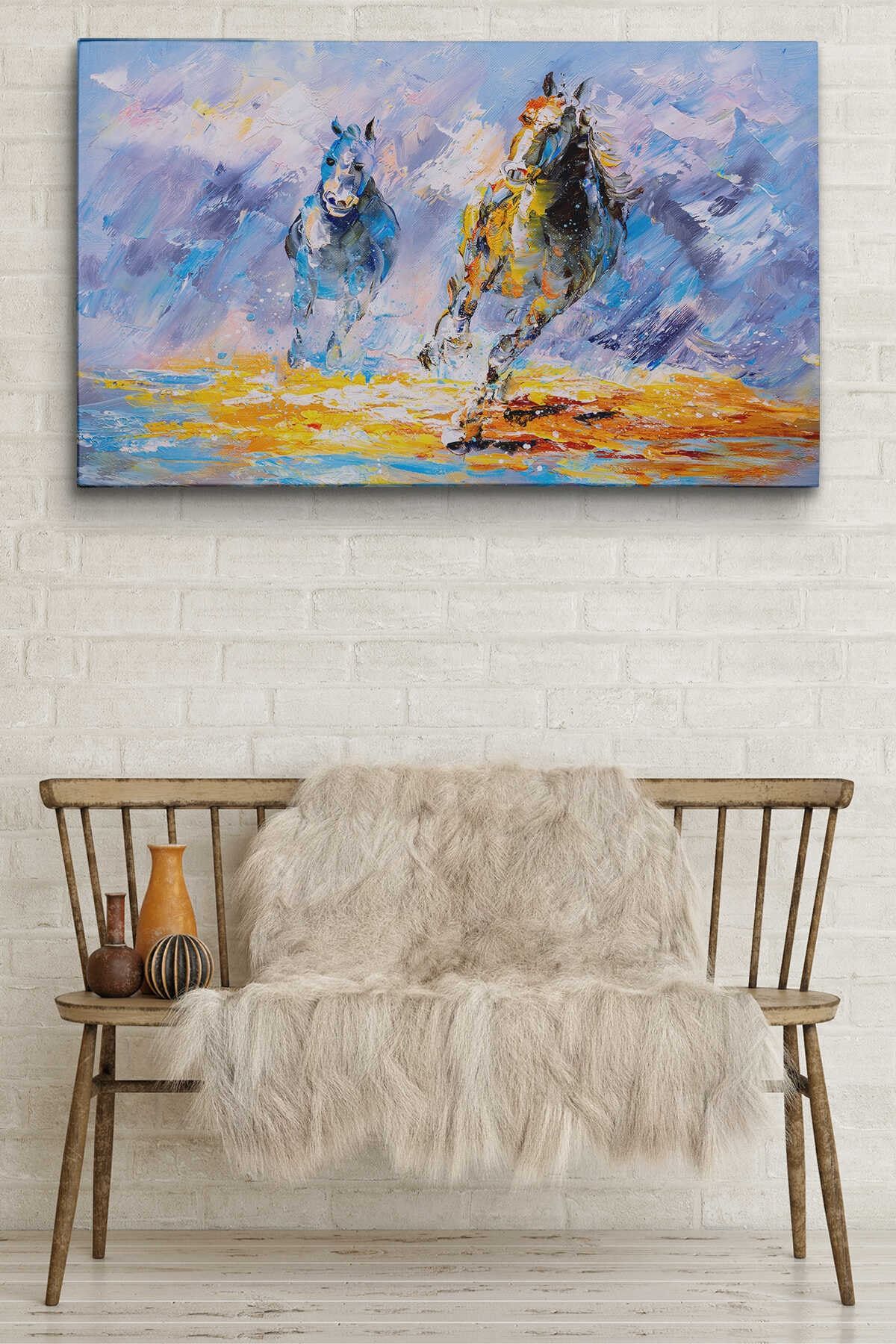 Koşan Atlar Yağlıboya Görünüm Dekoratif Kanvas Duvar Tablosu