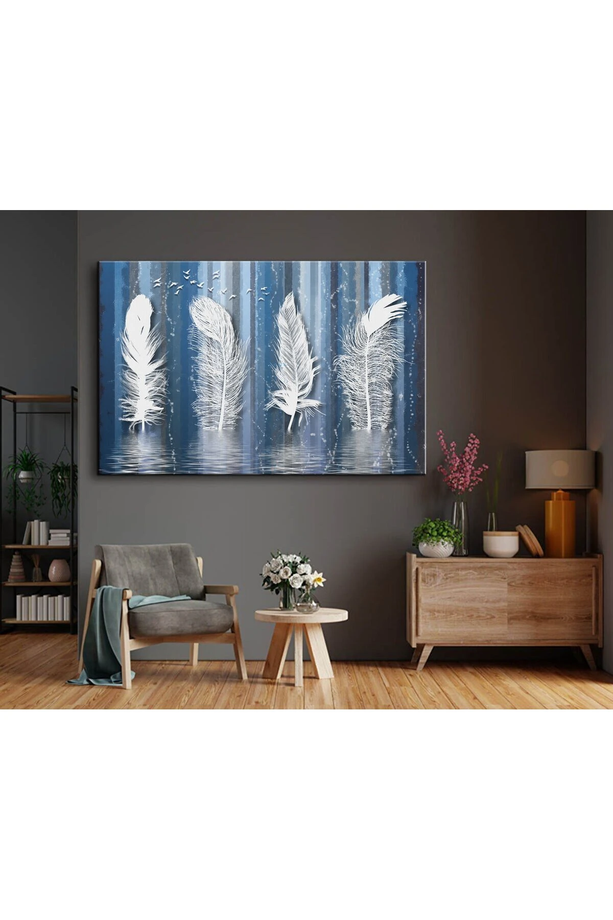 Dekoratif Beyaz Kuş Tüyleri Kanvas Tablo