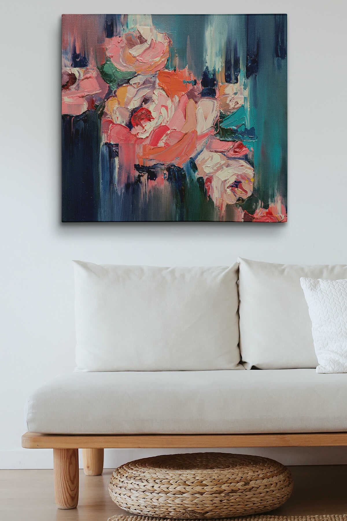 Renkli Çiçekler Yağlıboya Görünüm Dekoratif Kanvas Duvar Tablosu