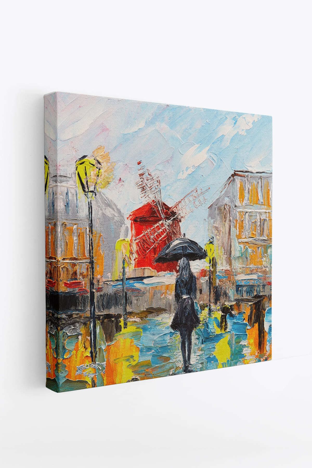 Paris De Yağmur Da Yürüyen Kadın Yağlıboya Görünüm Dekoratif Kanvas Duvar Tablosu