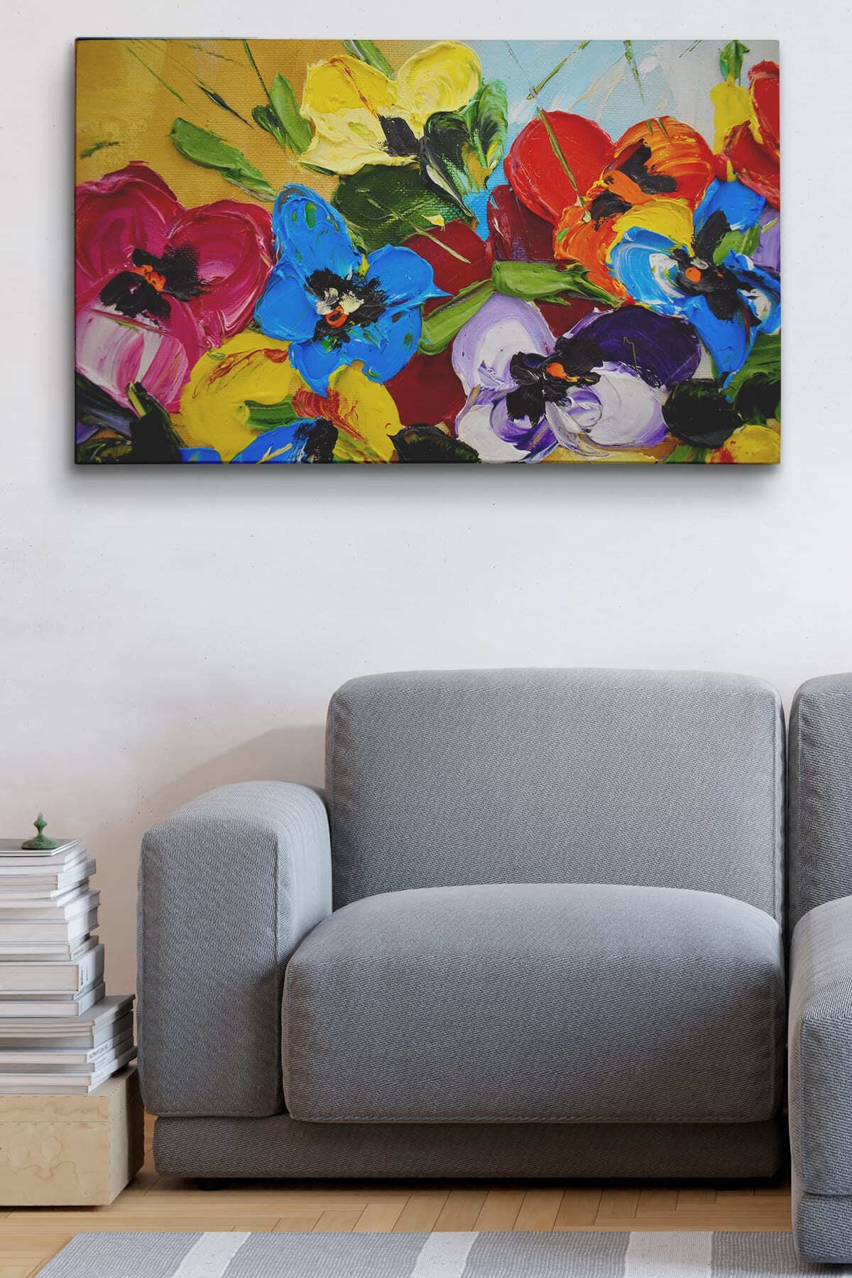Renkli Çiçekler Yağlıboya Görünüm Dekoratif Kanvas Duvar Tablosu