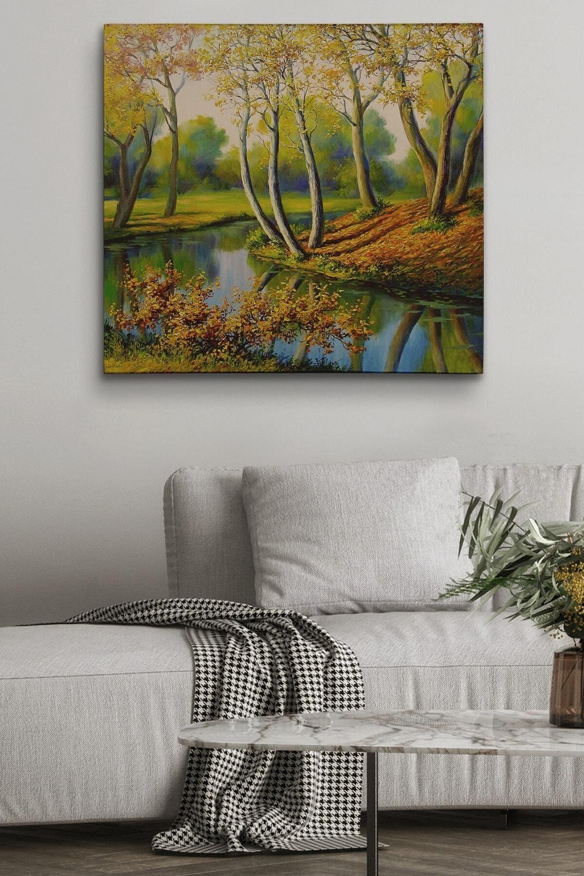 Nehir Manzaralı Yağlıboya Görünüm Dekoratif Kanvas Duvar Tablosu