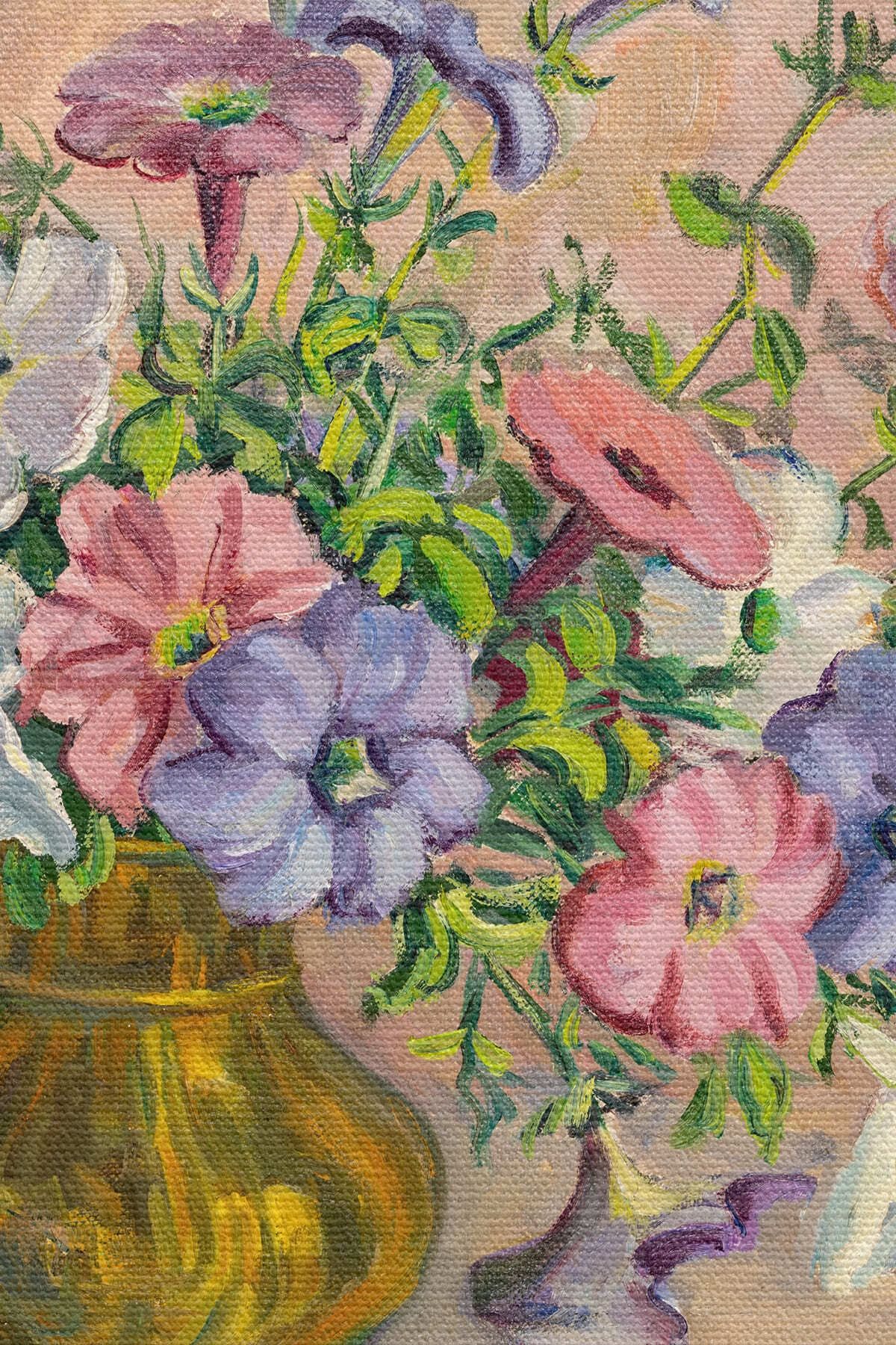 Vazoda Çiçekler Vintage Yağlıboya Görünüm Dekoratif Kanvas Duvar Tablosu