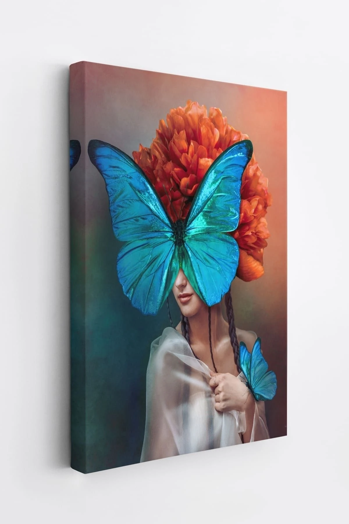 Mavi Kelebekli Kadın Yağlıboya Görünüm Dekoratif Kanvas Duvar Tablosu