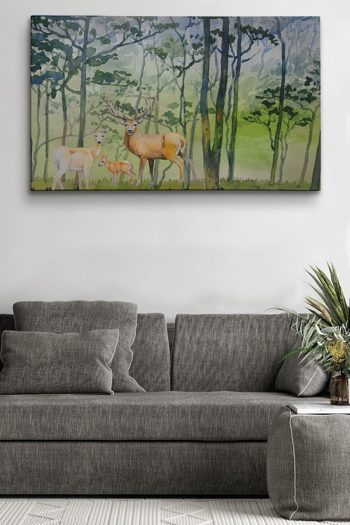 Geyik Ailesi Suluboya Görünüm Dekoratif Kanvas Duvar Tablosu