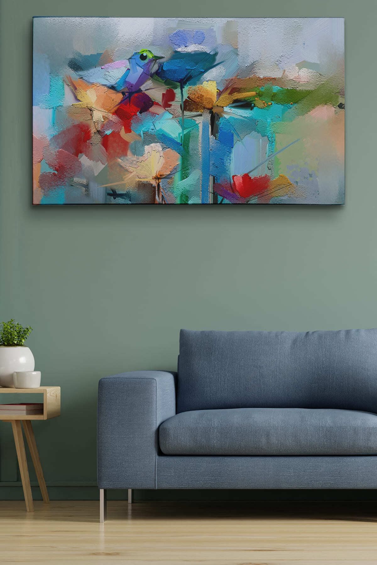 Modern Soyut Tarzda Çiçekler Ve Kuş Dekoratif Kanvas Duvar Tablosu