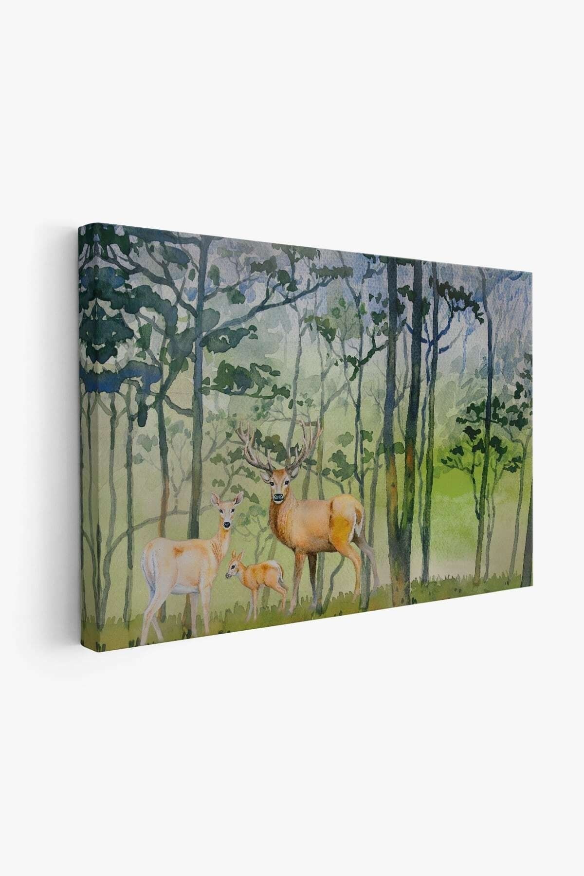 Geyik Ailesi Suluboya Görünüm Dekoratif Kanvas Duvar Tablosu
