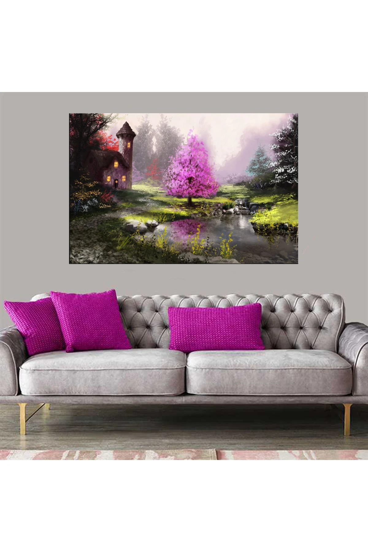 Dekoratif Baskı Nehir, Pembe Ağaç ve Şato Kanvas Tablo