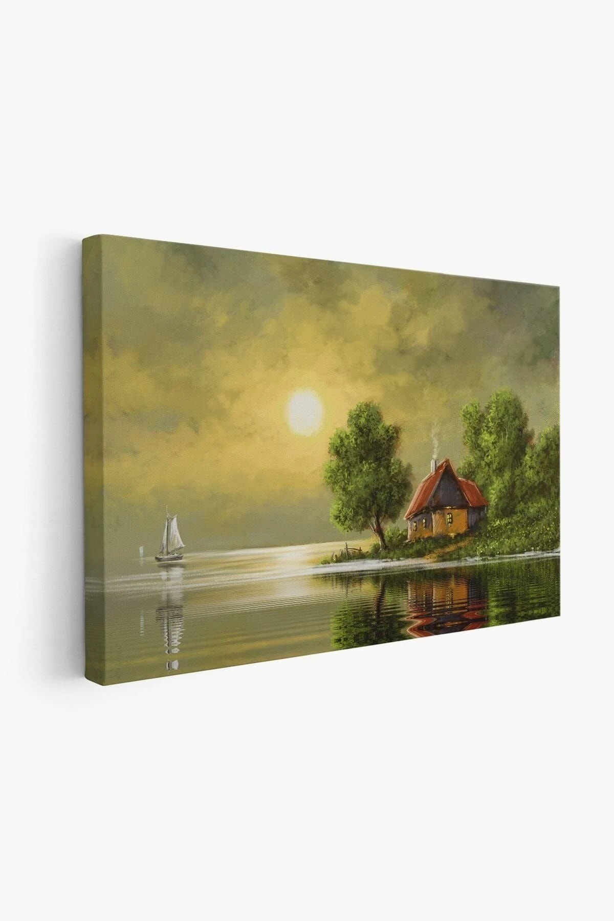 Göl Kenarındaki Köy Evi Yağlıboya Görünüm Dekoratif Kanvas Duvar Tablosu