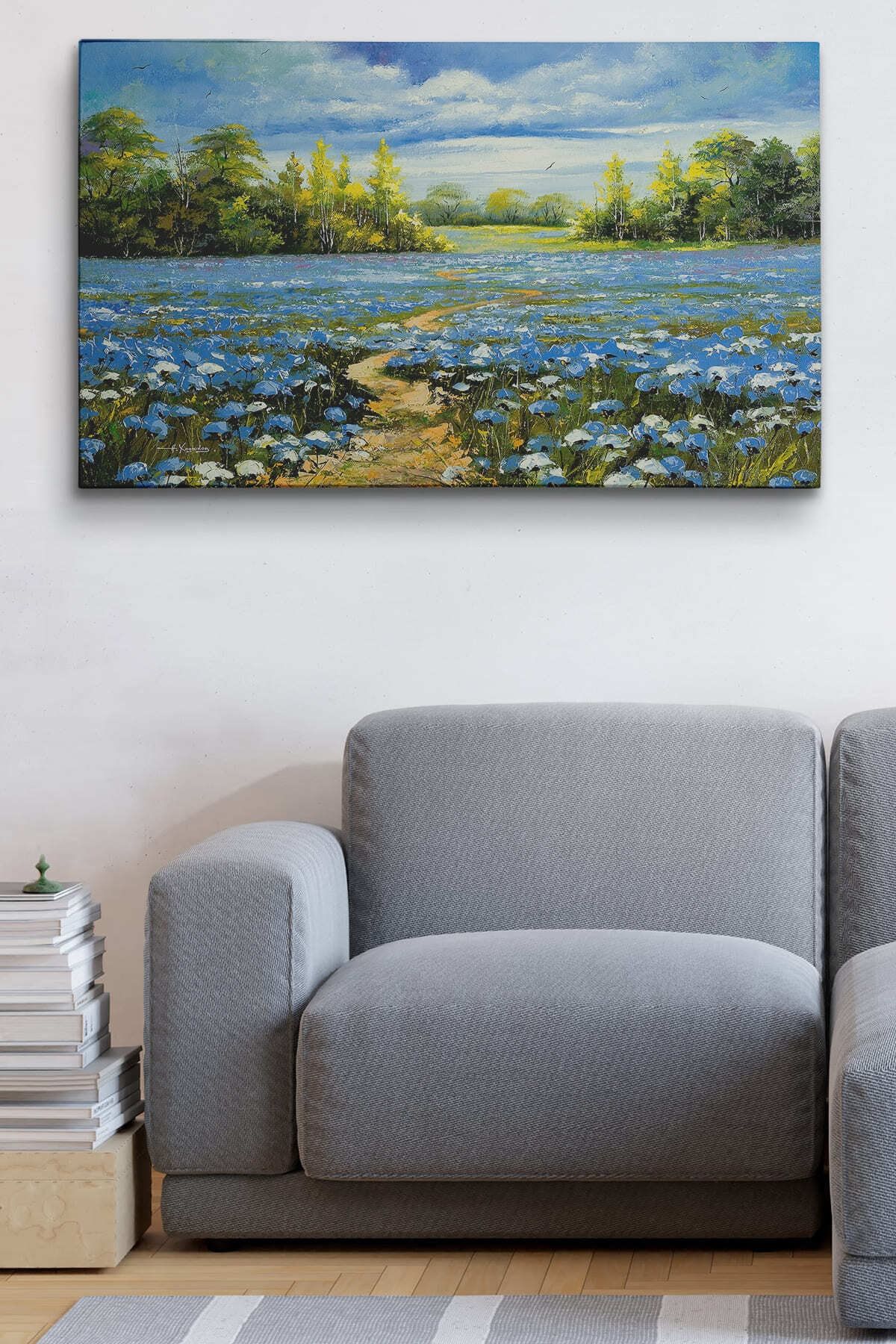 Mavi Gelincik Tarlası Yağlıboya Görünüm Dekoratif Kanvas Duvar Tablosu