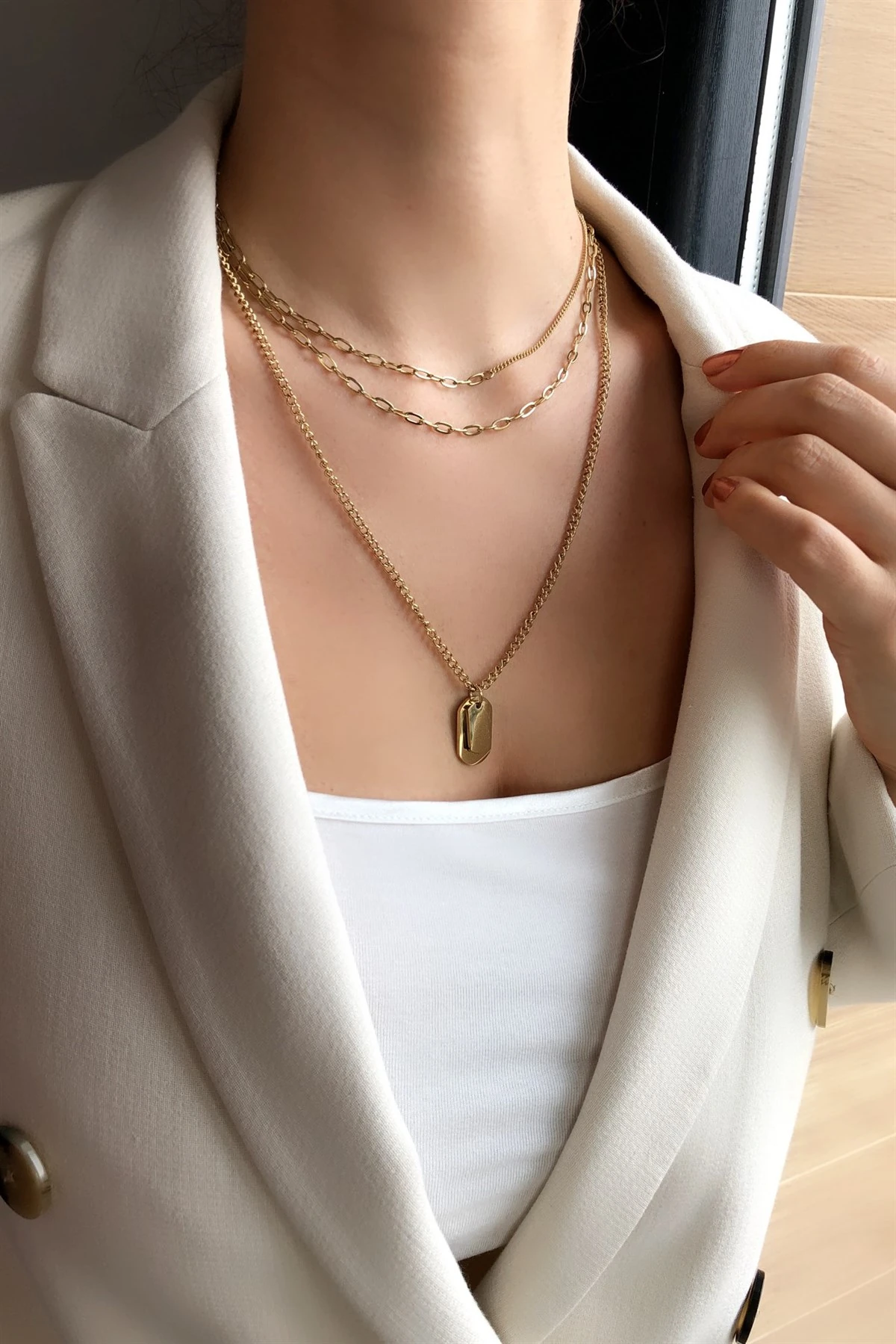 Plaka Üçlü Çelik Kolye