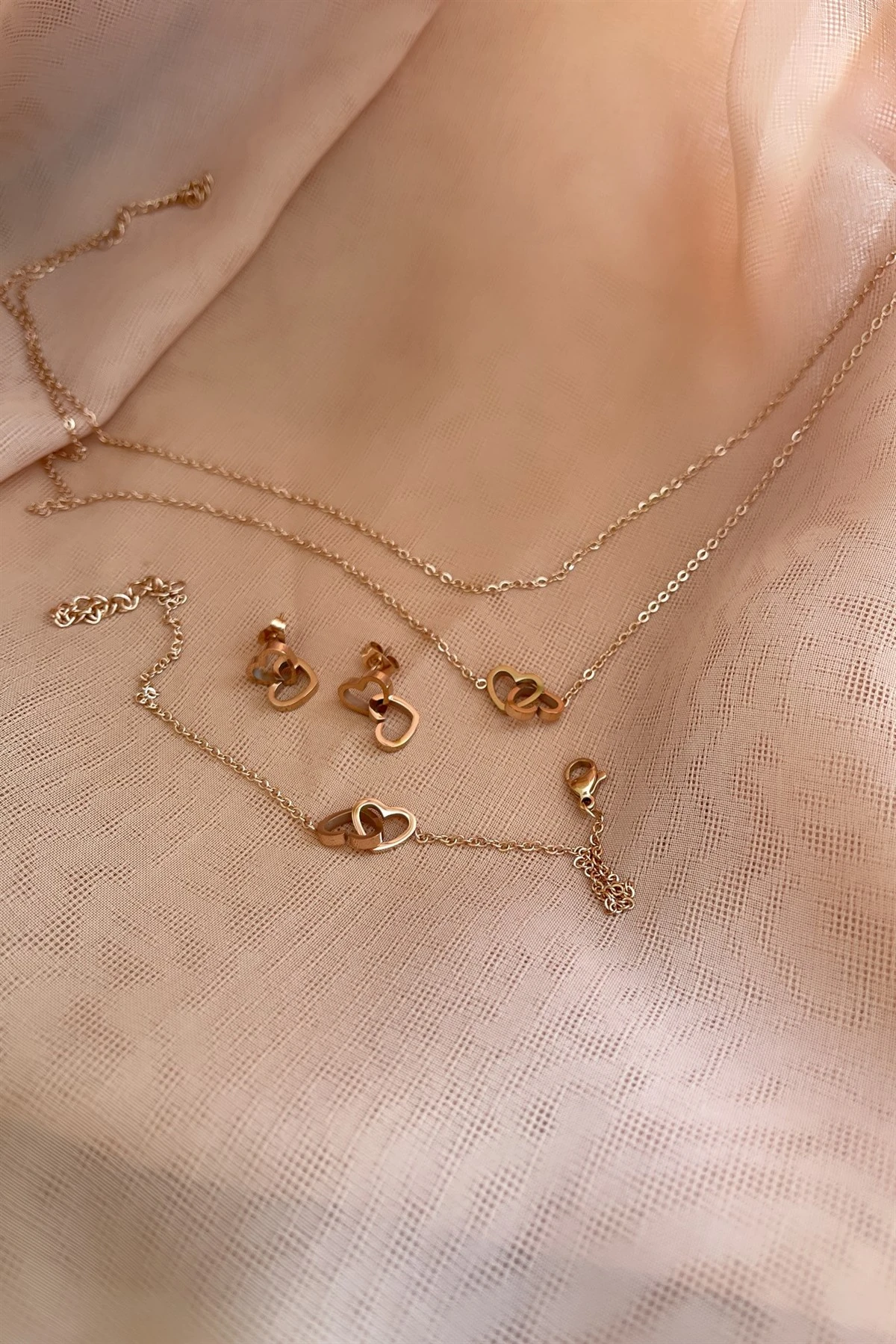 Heart Çelik Kolye Küpe Bileklik Seti