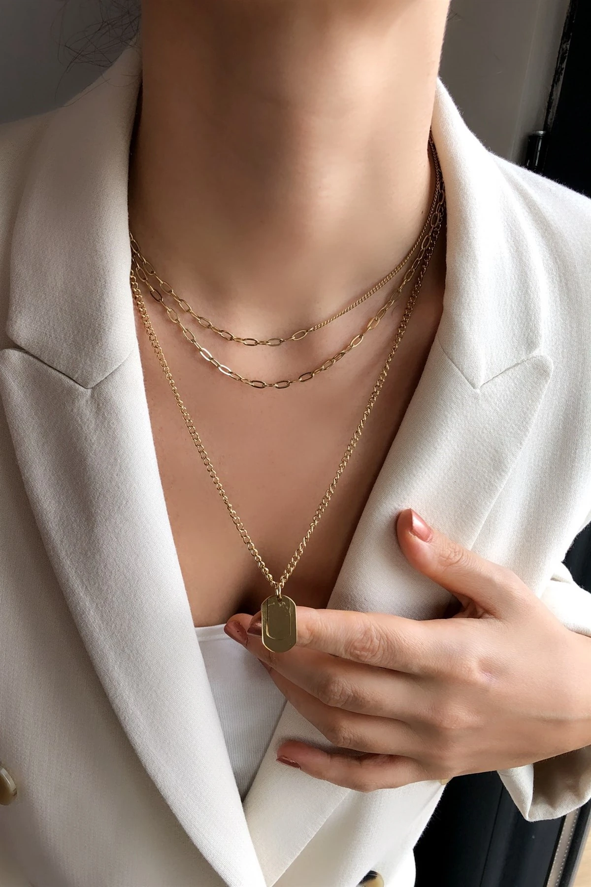 Plaka Üçlü Çelik Kolye