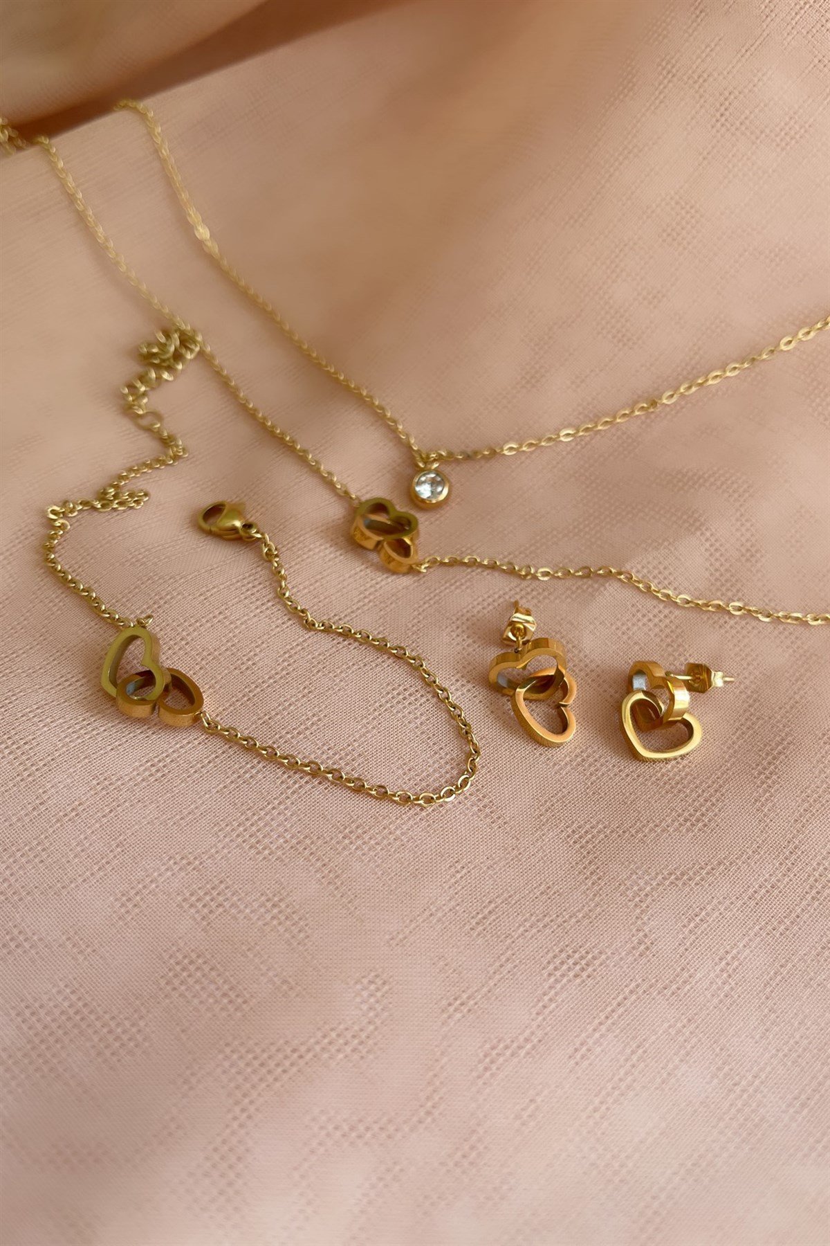 Heart Çelik Kolye Küpe Bileklik Seti