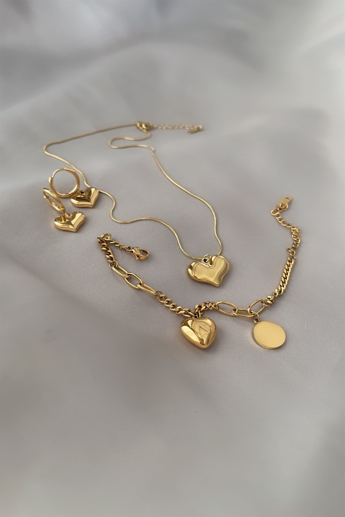 Heart Çelik Kolye Bileklik Küpe Seti