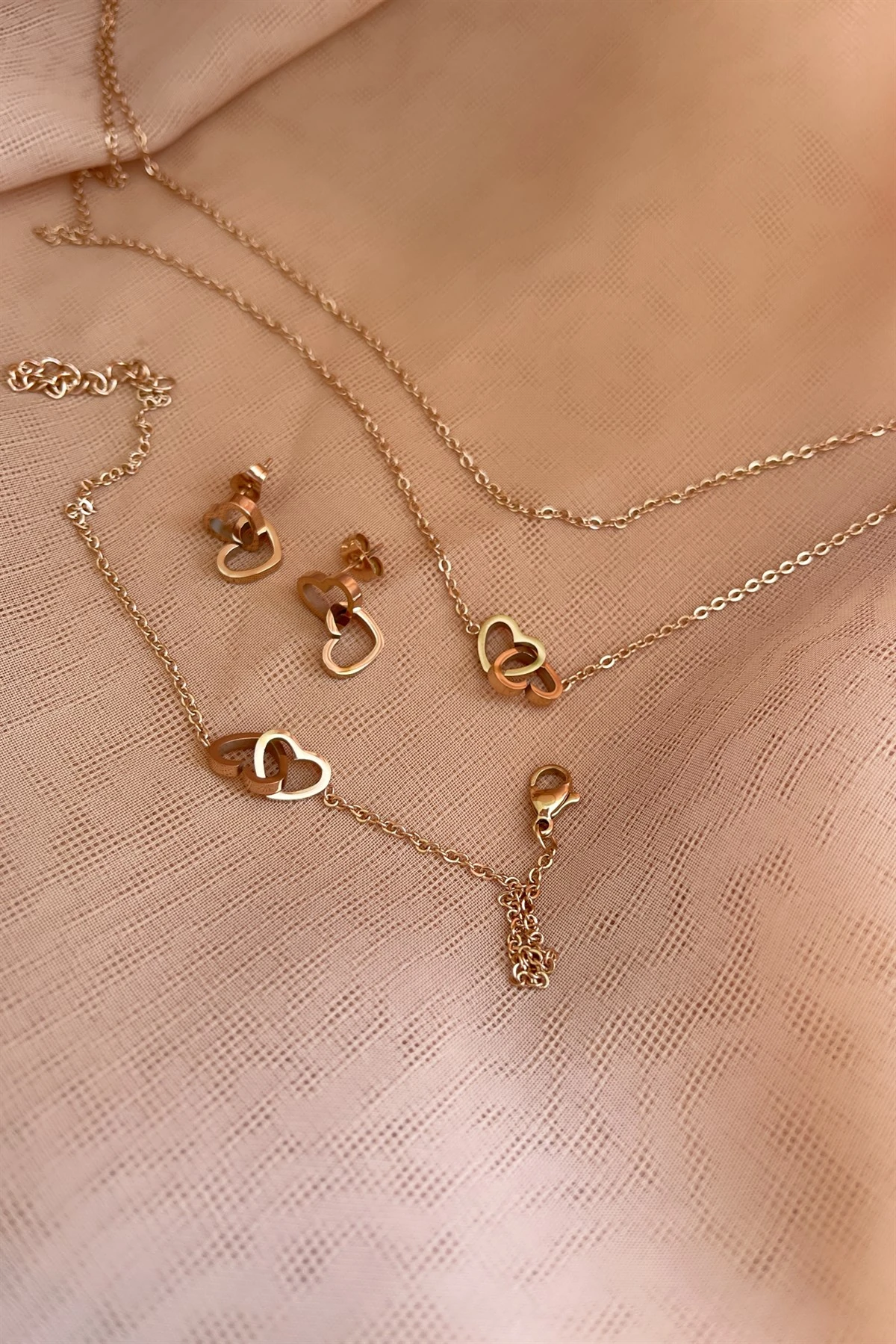 Heart Çelik Kolye Küpe Bileklik Seti