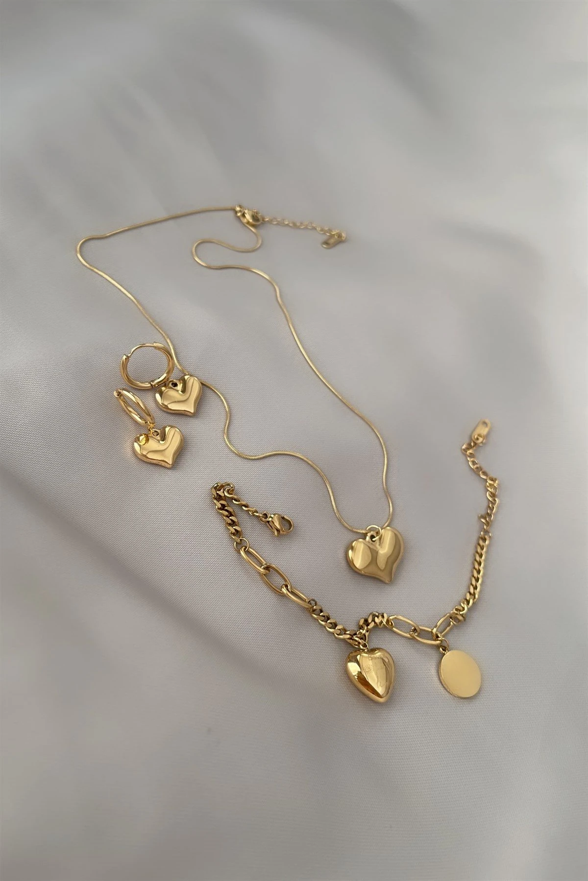 Heart Çelik Kolye Bileklik Küpe Seti