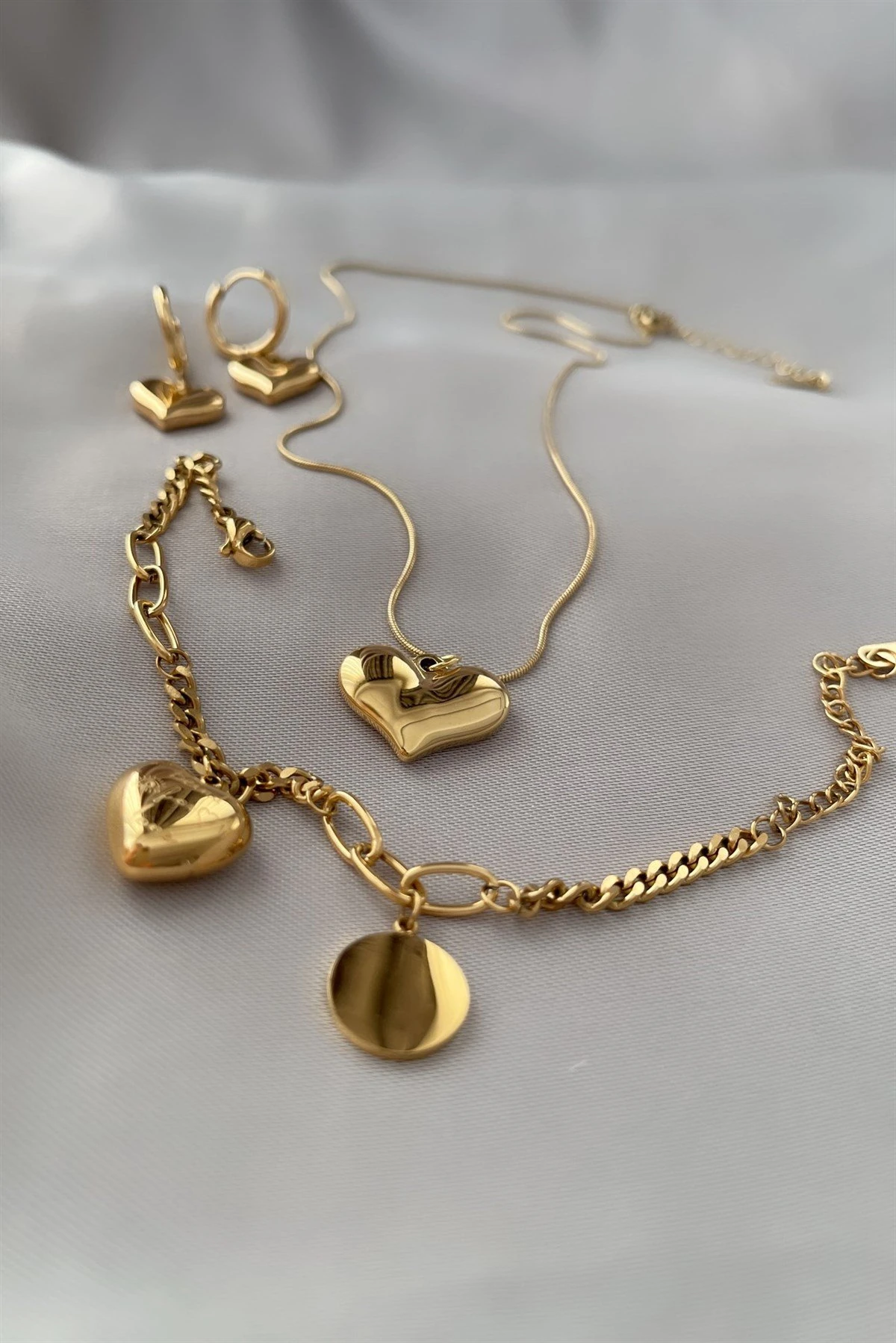 Heart Çelik Kolye Bileklik Küpe Seti