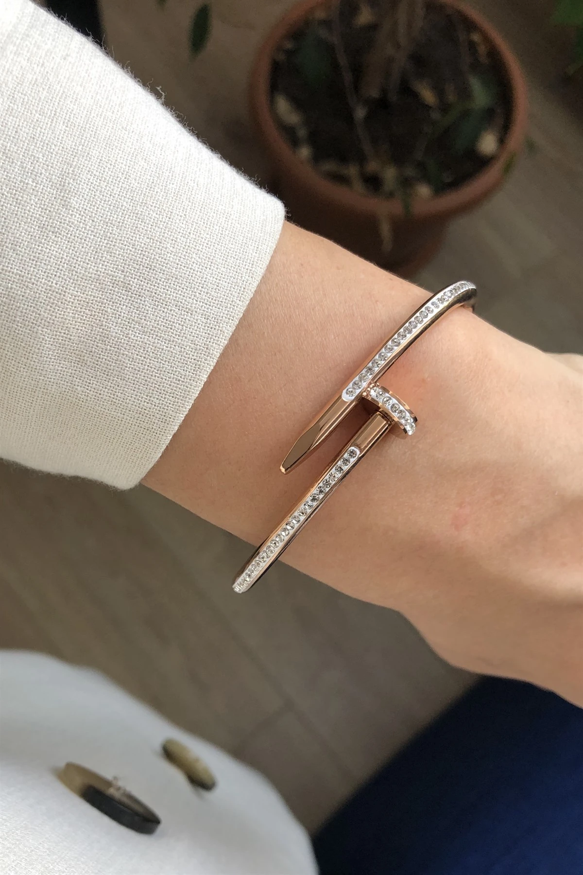 Zirkon Taşlı Çivi Çelik Kelepçe Bileklik