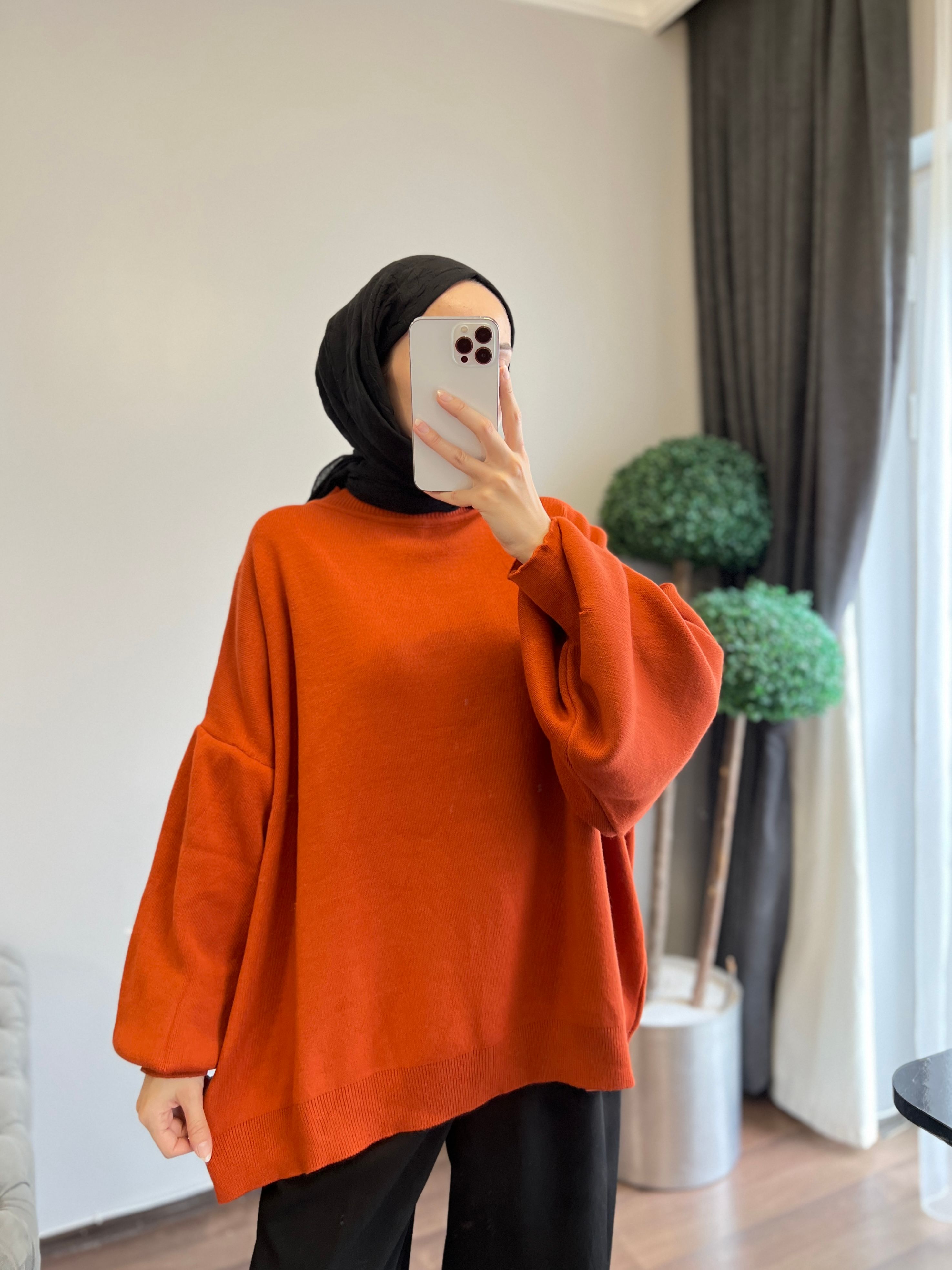 Bubble Sleeve Knit Sweater - Orange