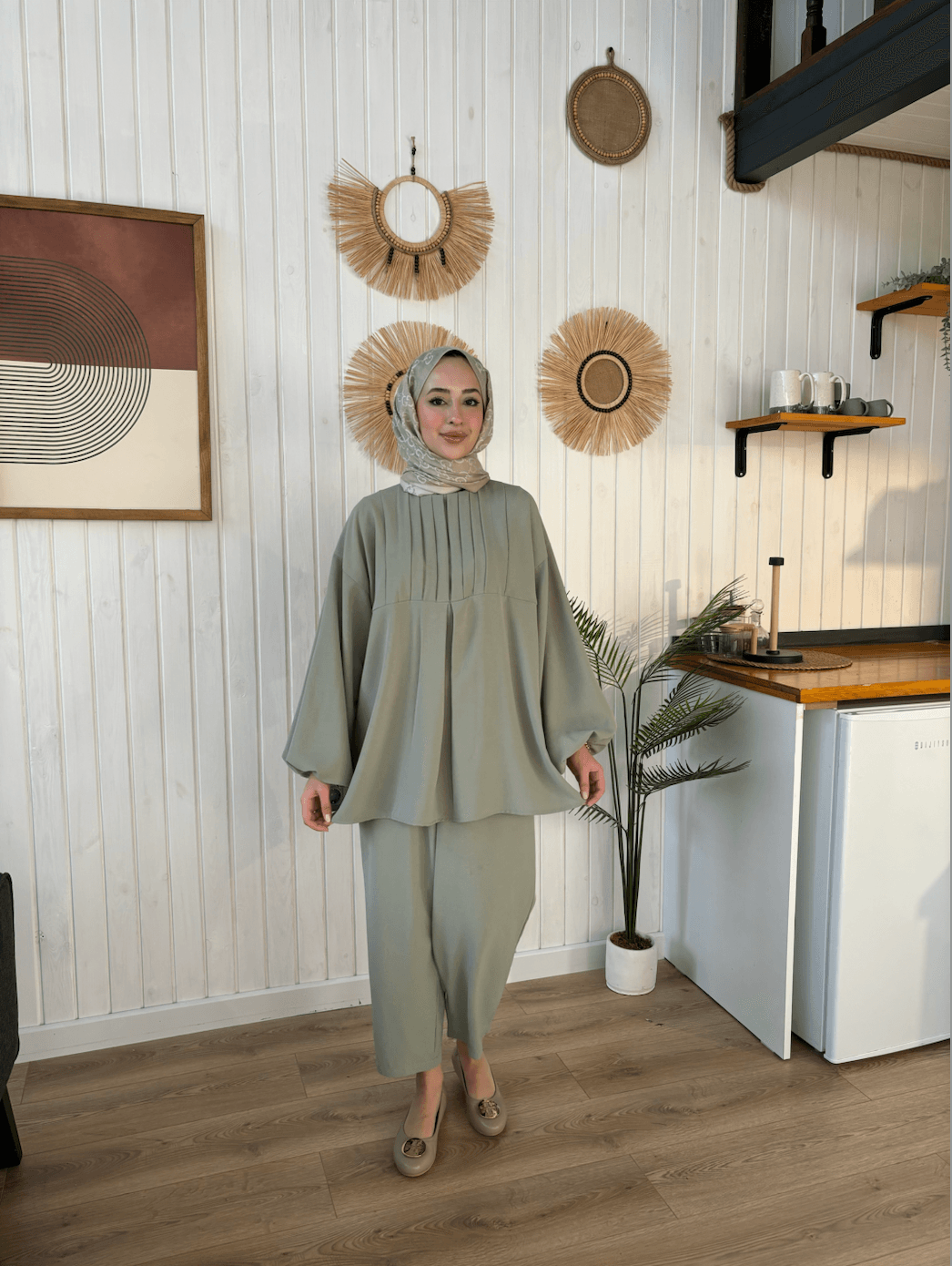 Çağla pleated tunic - Sage Green