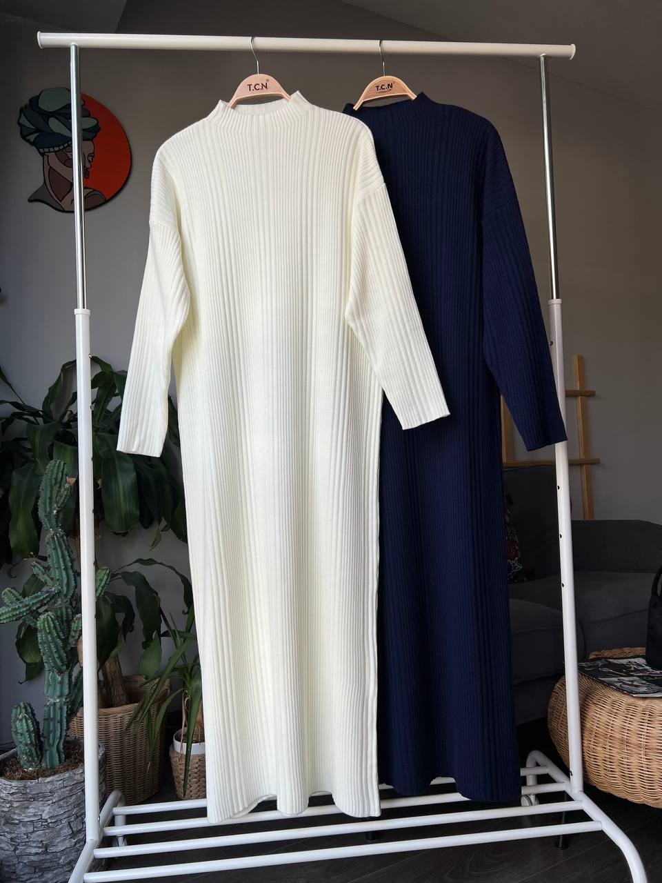 Straight-Cut Knit Dress - White