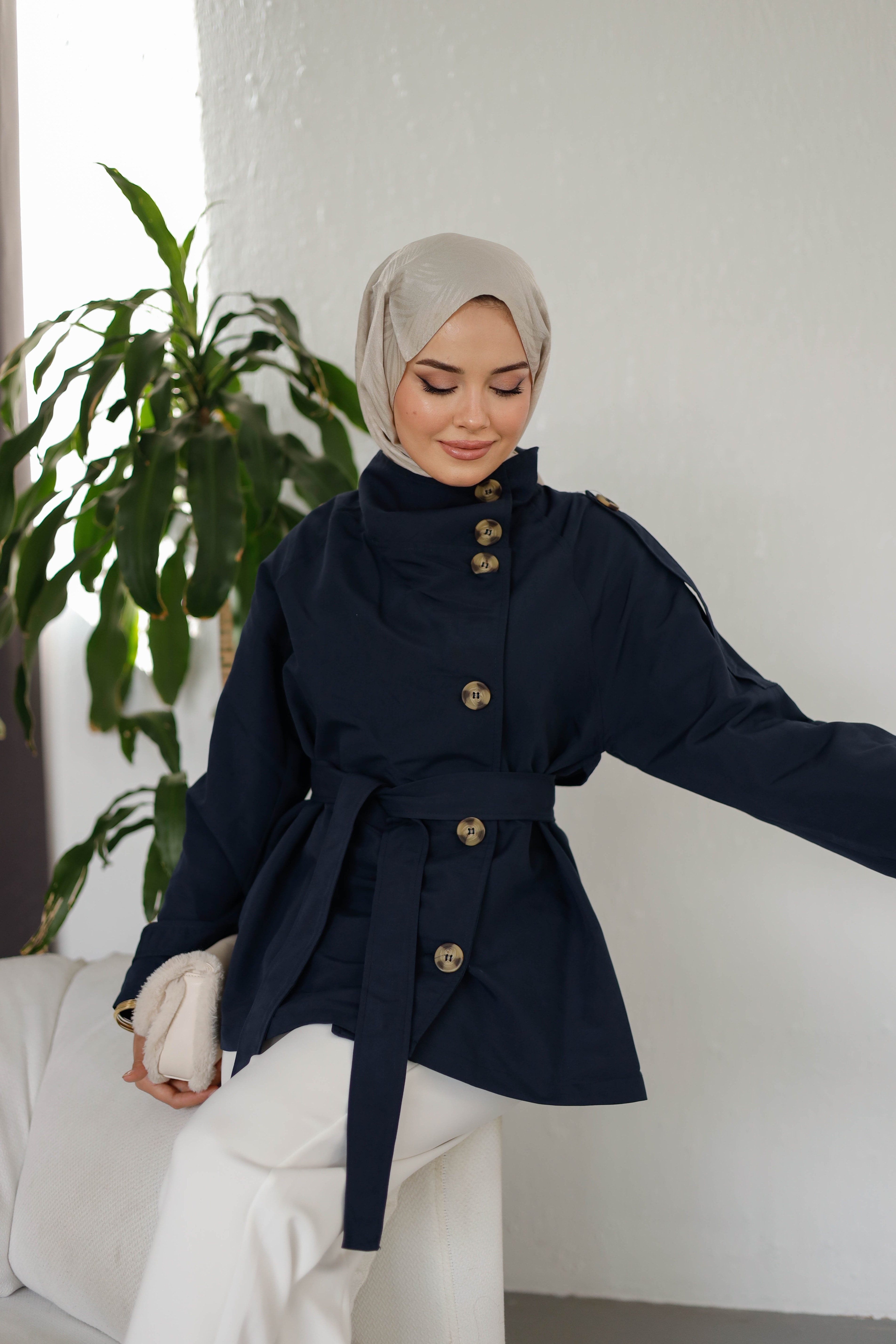 Yan Düğmeli Trençkot - Lacivert