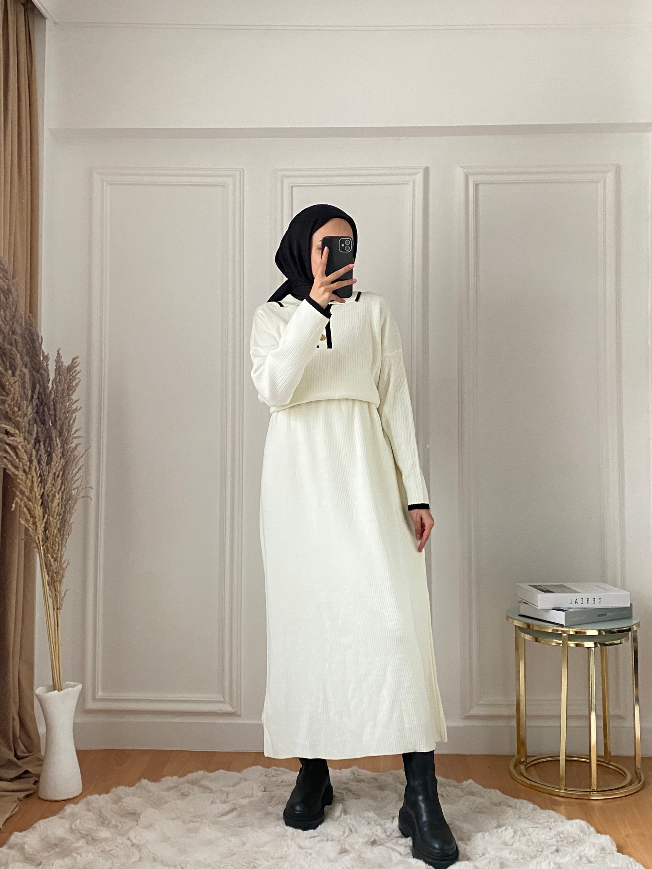 Düğmeli Sona Triko Elbise - Ekru