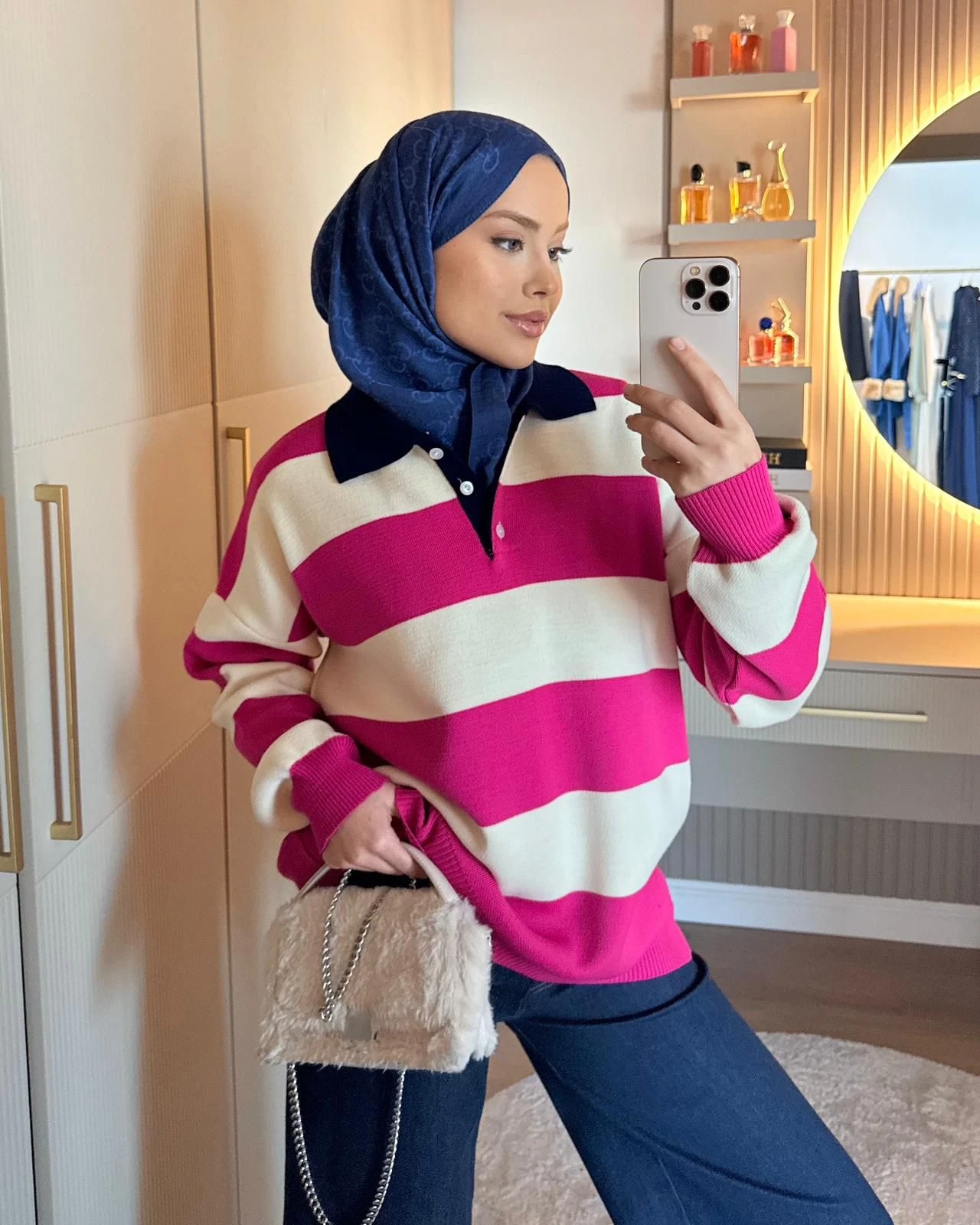 Yaka Detay Triko Kazak - Pembe