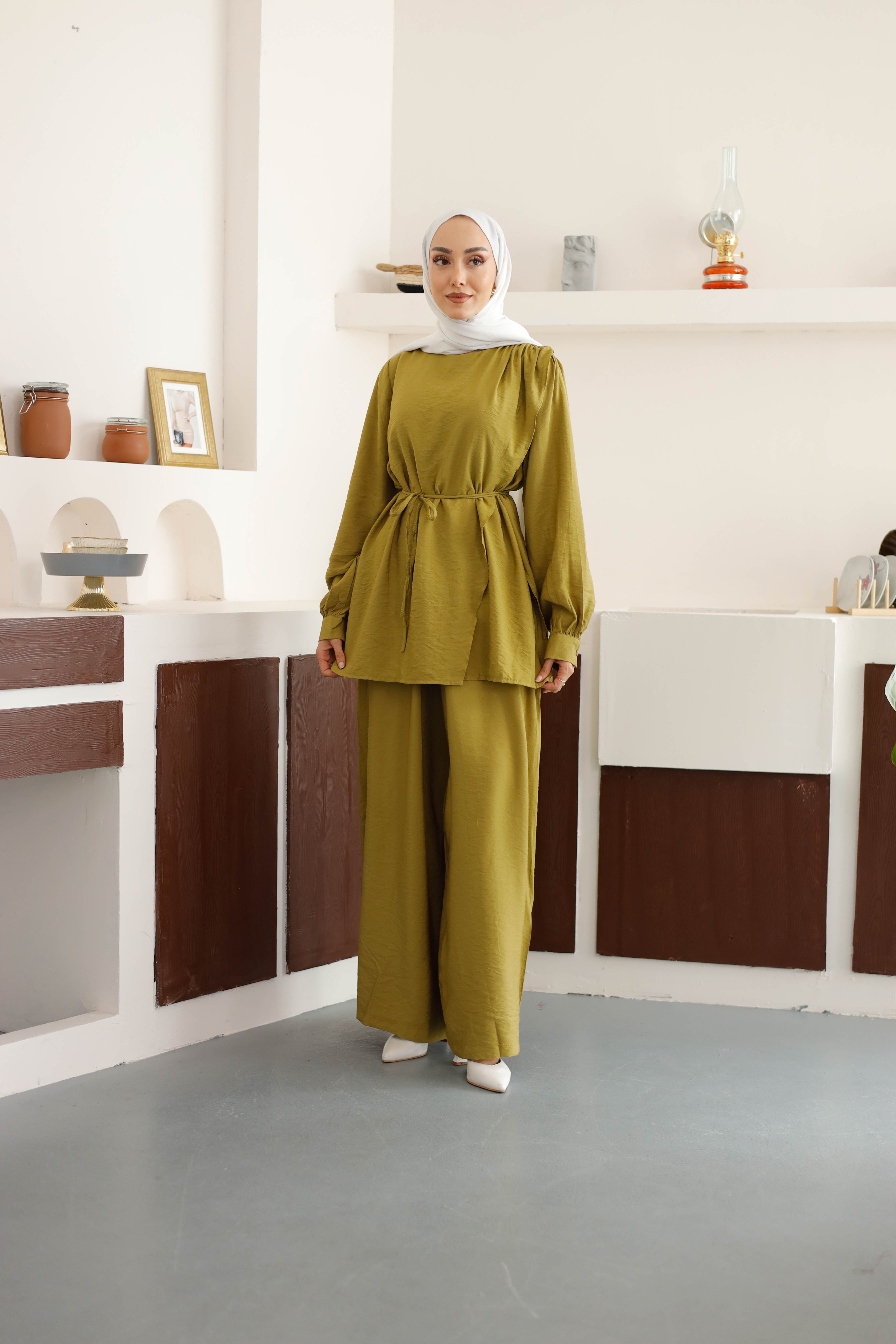 Asimetrik Tunik Pantolon Takım - Hardal