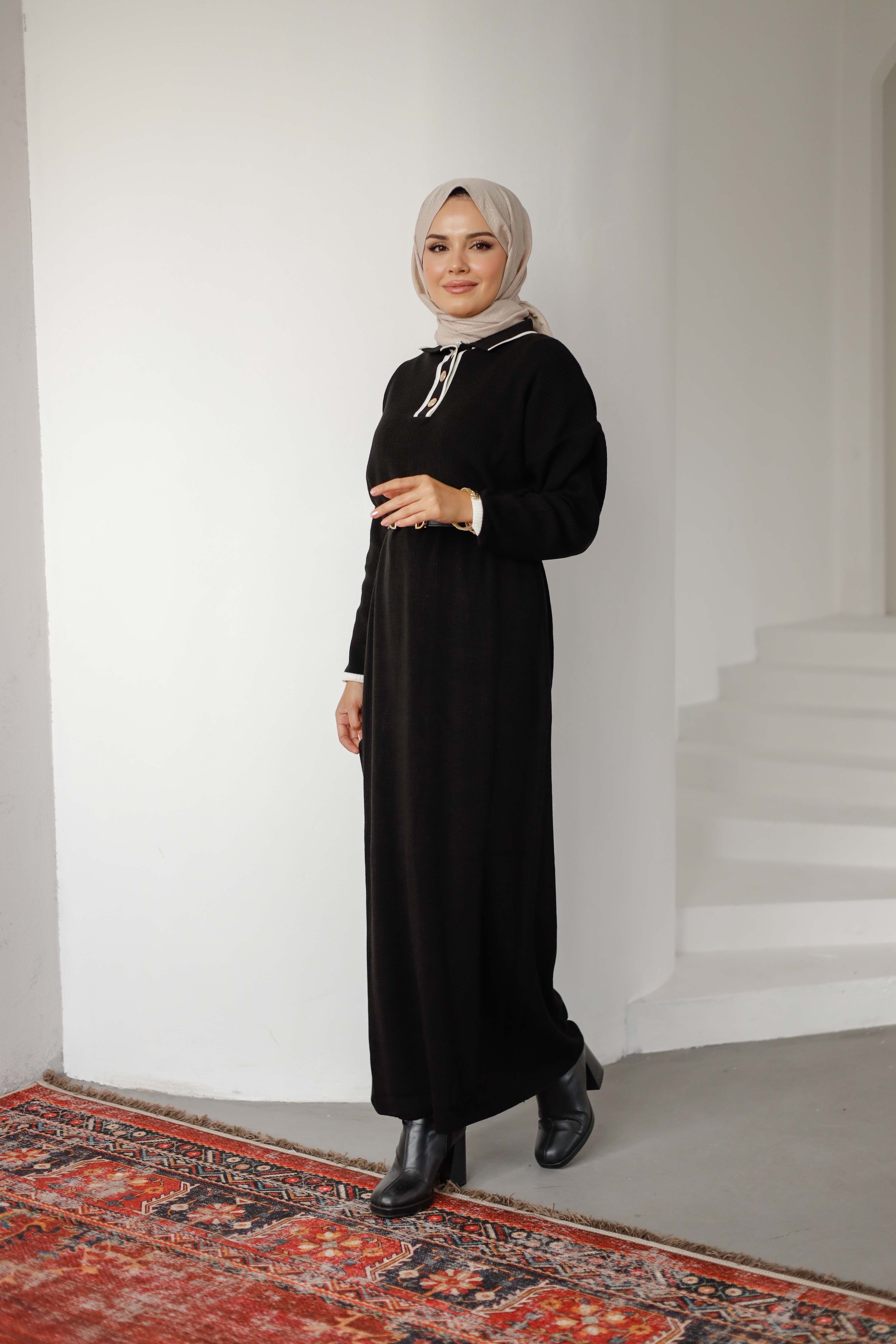 Düğmeli Sona Triko Elbise - Siyah