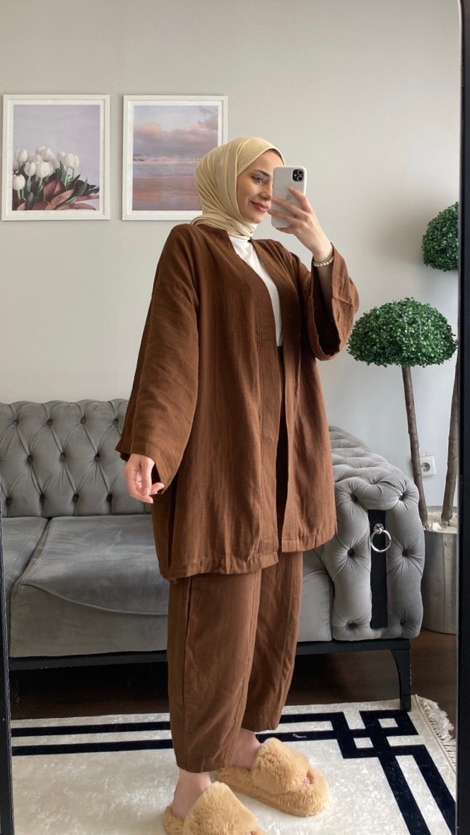 Brown Harem Pants Kimono Set