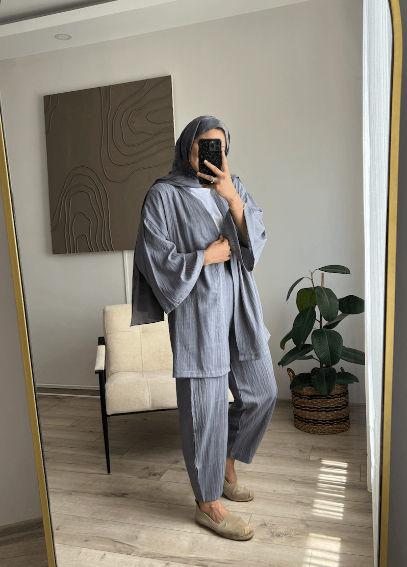 Waffle Kimono Set - Grey